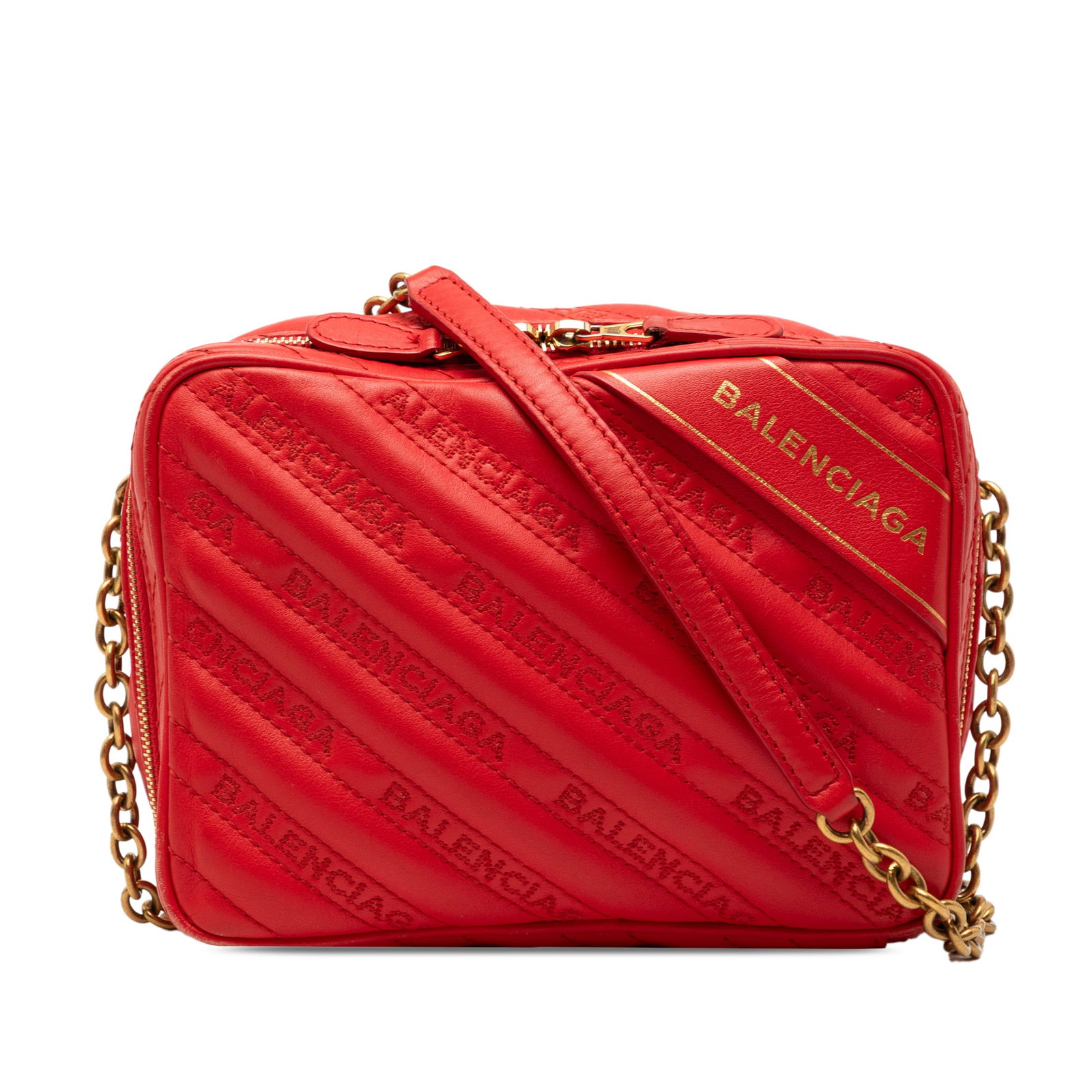 Balenciaga Reporter XS Red Leather Crossbody with Allover Logo Embroidery: Balenciaga Reporter XS Red Leather Crossbody with Allover Logo Embroidery This Balenciaga Calfskin Allover Logo Blanket Reporter XS Crossbody bag features an embroidered leather body with a chain stra