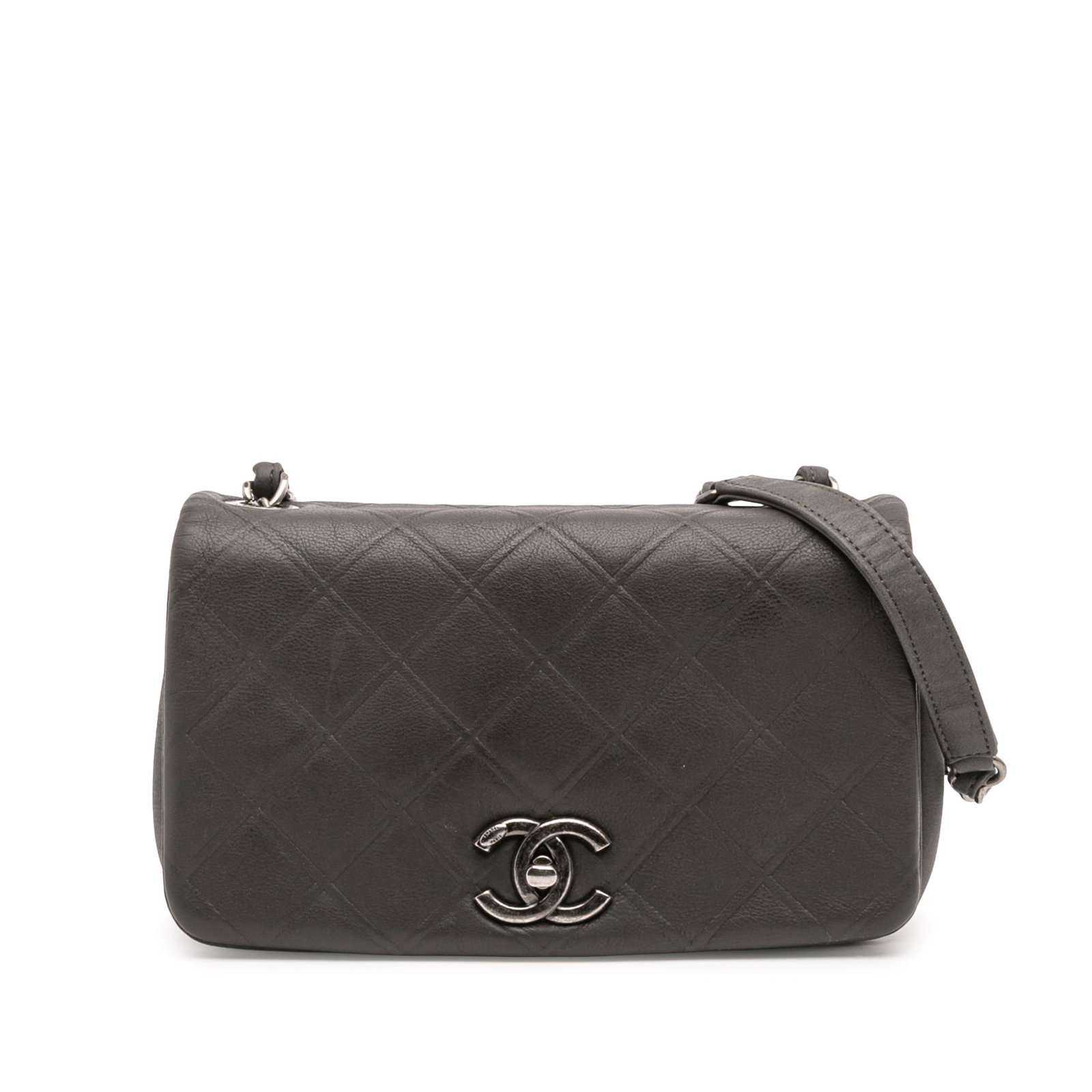Chanel Small Diamond Embossed Calfskin Gray New Chic Flap Bag: Chanel Small Diamond Embossed Calfskin Gray New Chic Flap Bag Elevate your style with this Chanel Small Diamond Embossed Calfskin New Chic Flap shoulder bag. Crafted from embossed calfskin leather, it