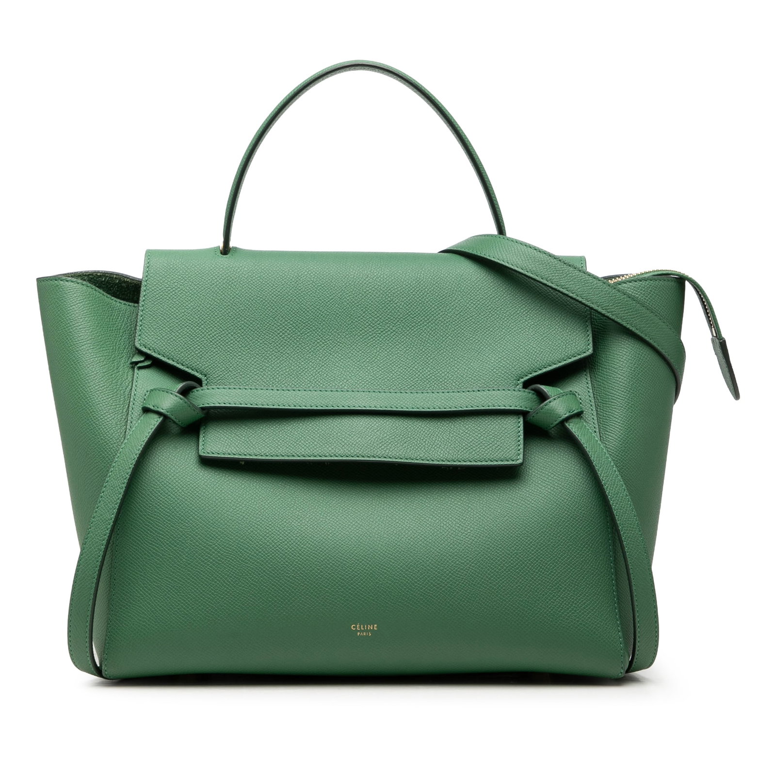 Celine Mini Belt Bag in Green Grained Calfskin Leather: Celine Mini Belt Bag in Green Grained Calfskin Leather This Celine Mini Grained Calfskin Belt Bag is a satchel crafted from grained calf leather in green. It features a flat leather top handle, a deta