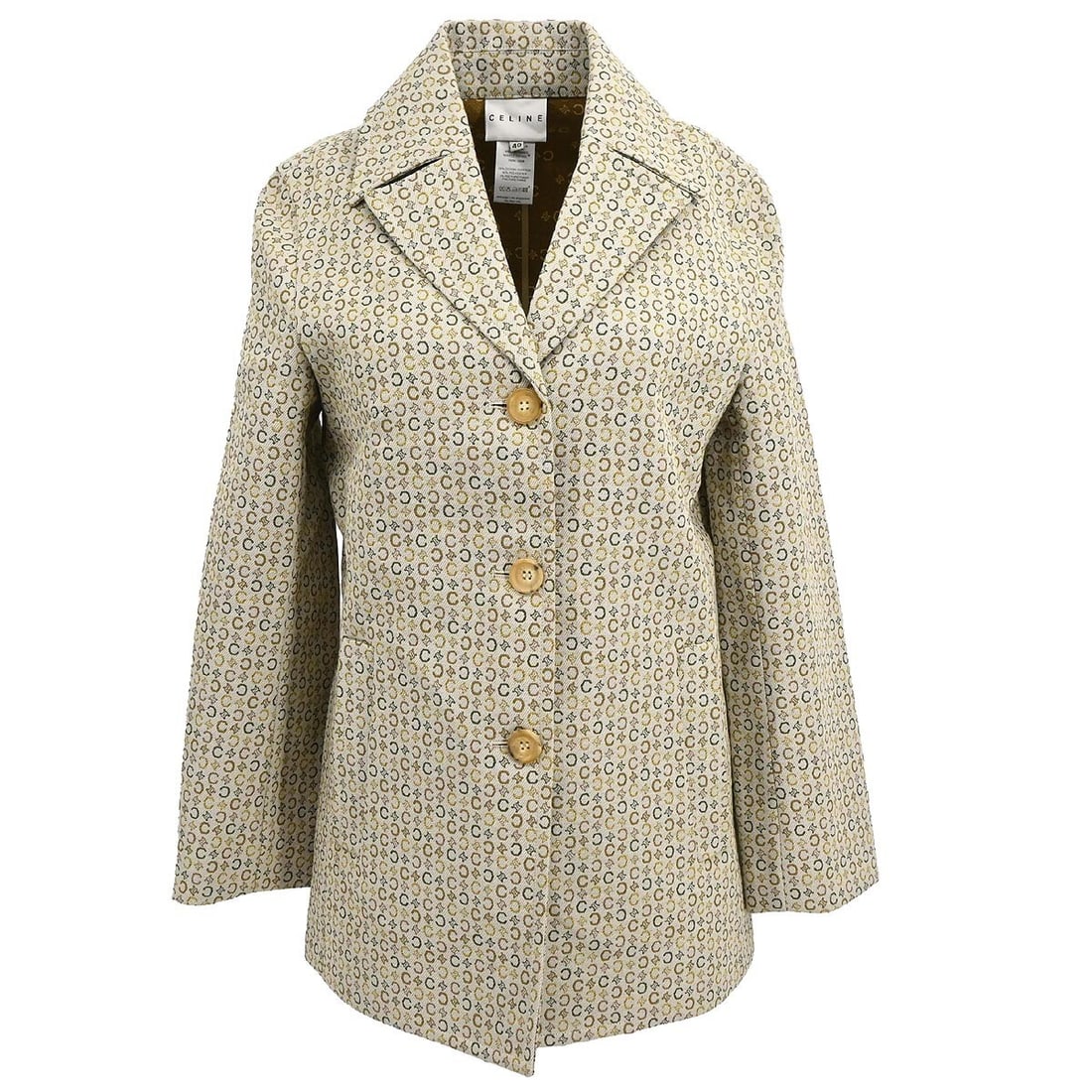 Vintage CELINE Beige Mid Length Jacket Size 40 France: Vintage CELINE Beige Mid Length Jacket Size 40 France Vintage Celine single-breasted jacket in beige with a collared design and button-front closure. This mid-length women's jacket features long sleev