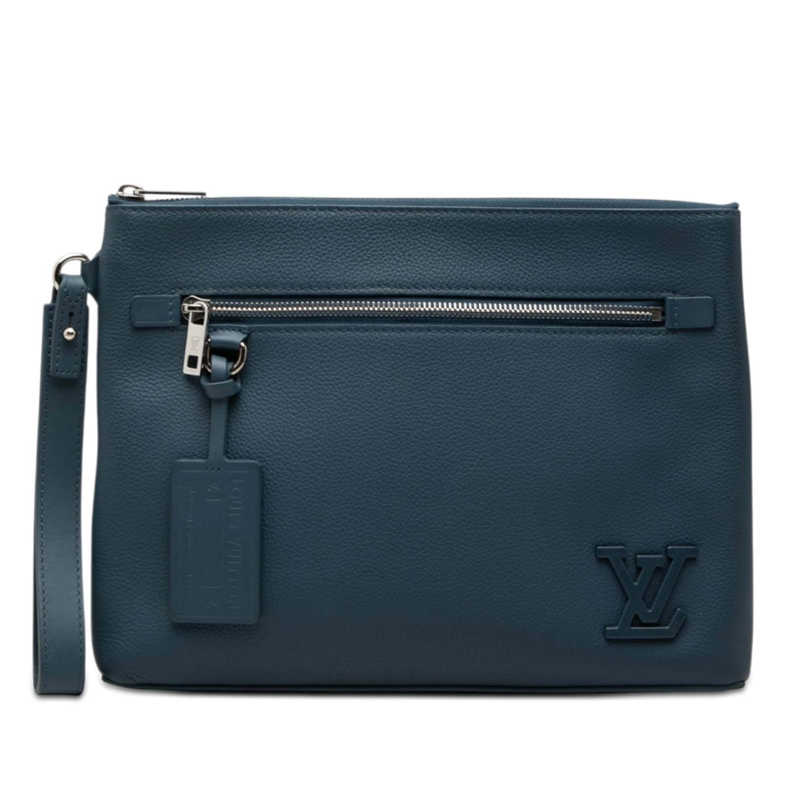 Louis Vuitton Aerogram Takeoff Leather iPad Wrist Pouch Blue: Louis Vuitton Aerogram Takeoff Leather iPad Wrist Pouch Blue Louis Vuitton Aerogram Takeoff iPad Pouch in blue leather, made in France. It features a flat leather wrist strap, top zip closure, and an 