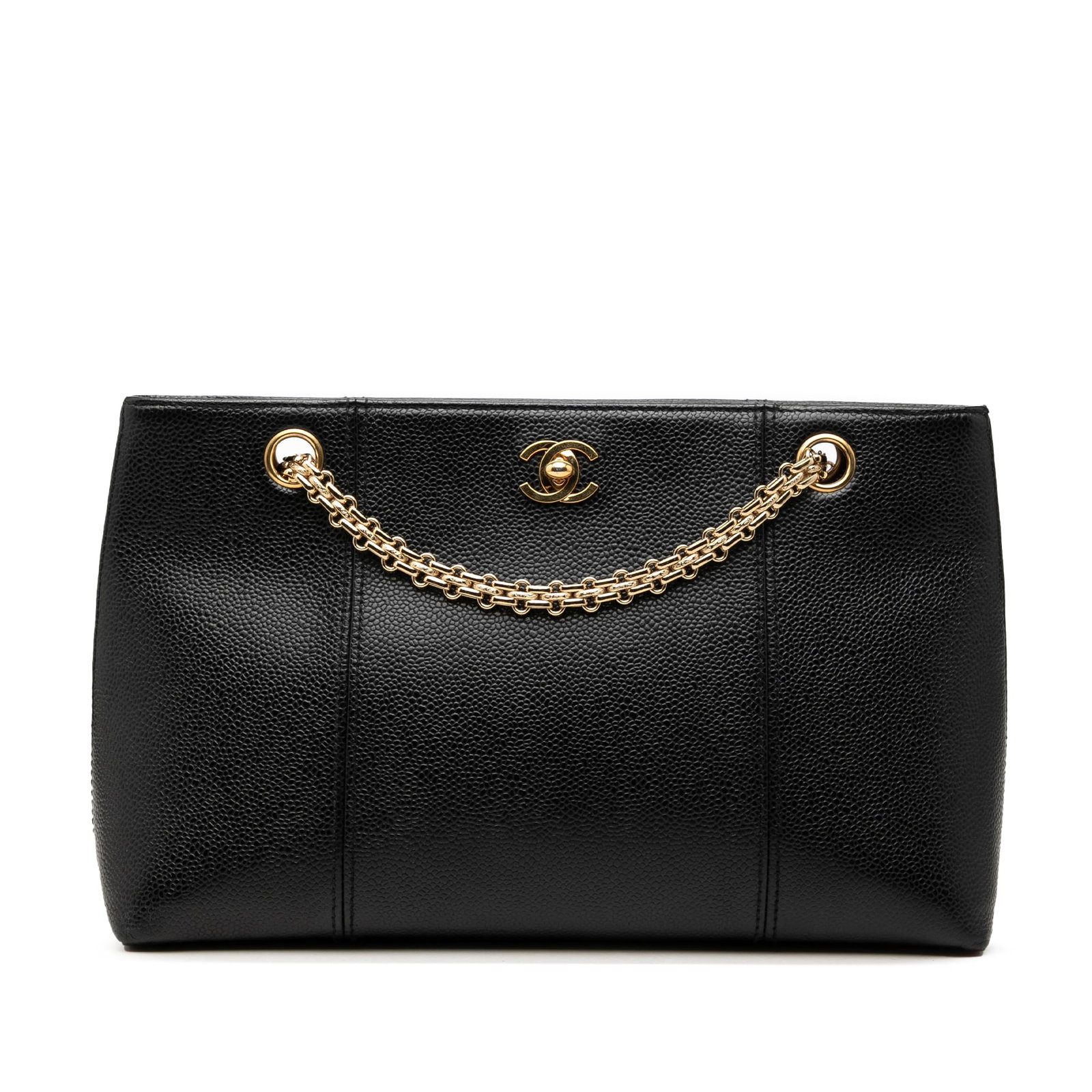 Chanel CC Chain Shopping Tote in Black Caviar Leather: Chanel CC Chain Shopping Tote in Black Caviar Leather Chanel CC Caviar Chain Shopping Tote in black, made with a caviar leather body and chain link straps. It has an open top with turn lock closure, a