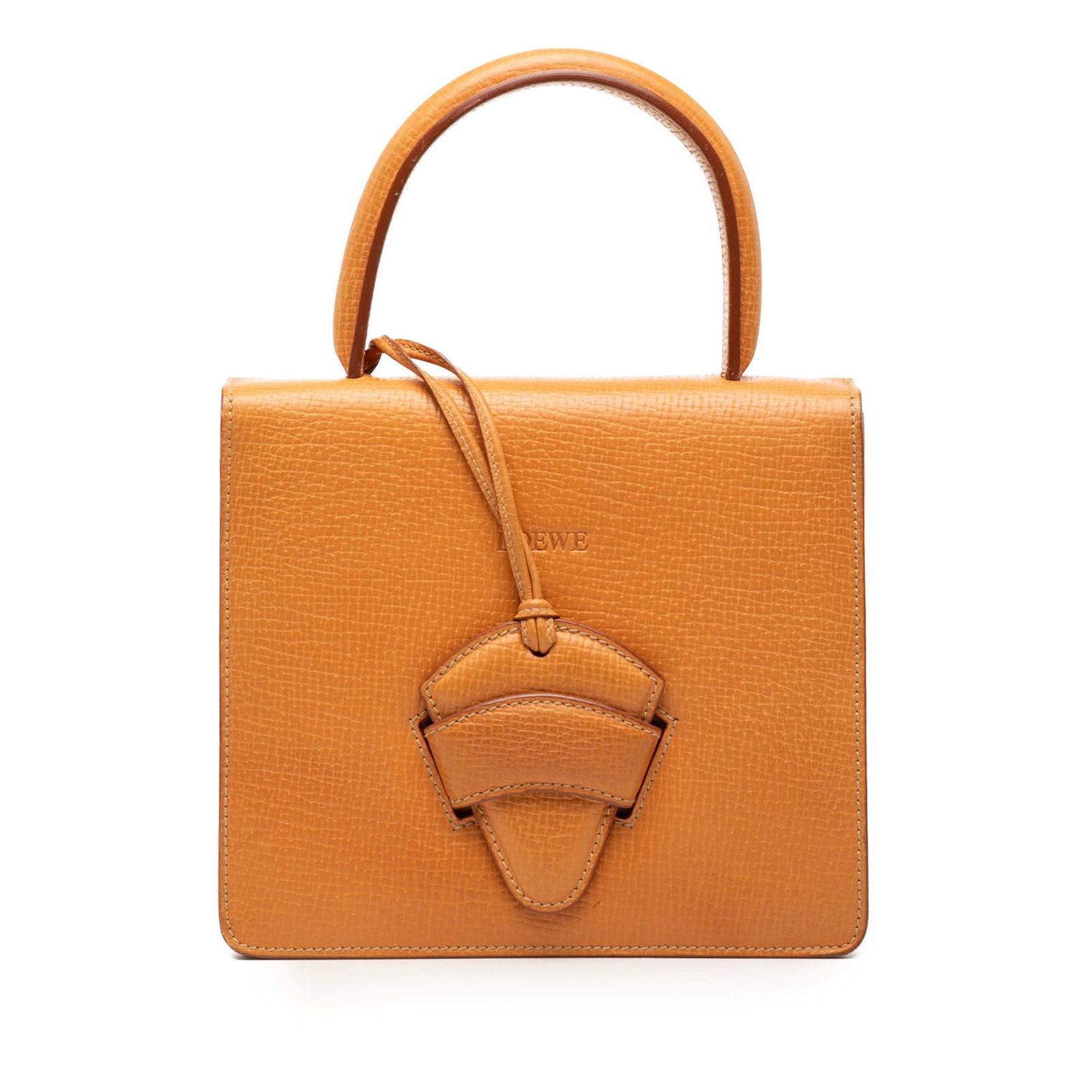 LOEWE Barcelona Leather Top Handle Satchel: LOEWE Barcelona Leather Top Handle Satchel This Loewe Barcelona top handle bag is crafted from textured leather in a brown hue. It features a rolled leather top handle, a front flap with slip-through 