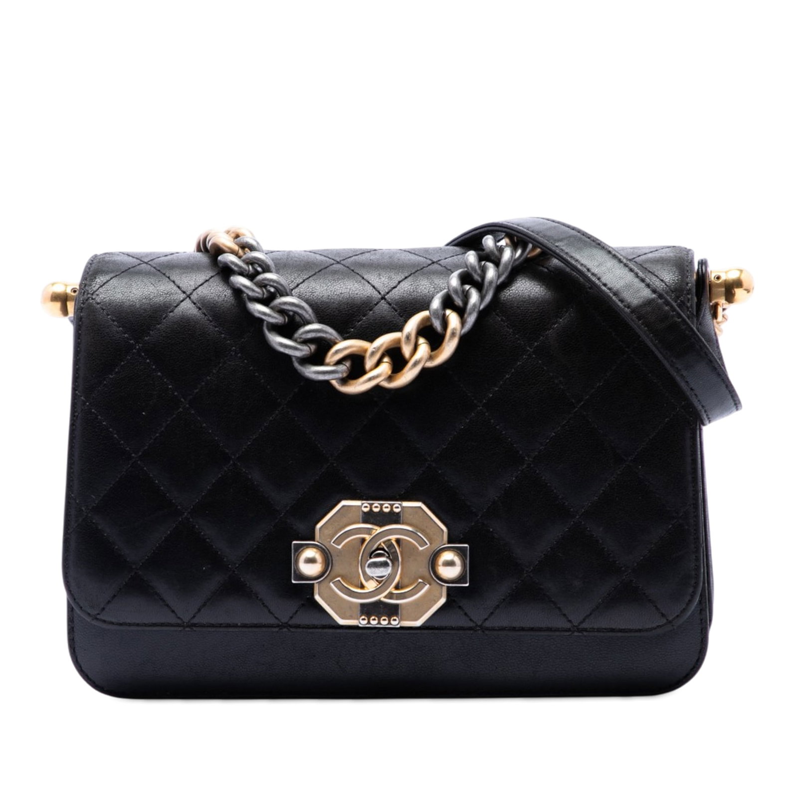 Chanel Paris Cosmopolite Ritz Flap Medium Quilted Lambskin Bag: Chanel Paris Cosmopolite Ritz Flap Medium Quilted Lambskin Bag Medium quilted lambskin flap bag in black with a chain link handle, adjustable flat leather strap, front twist-lock closure, and an inter