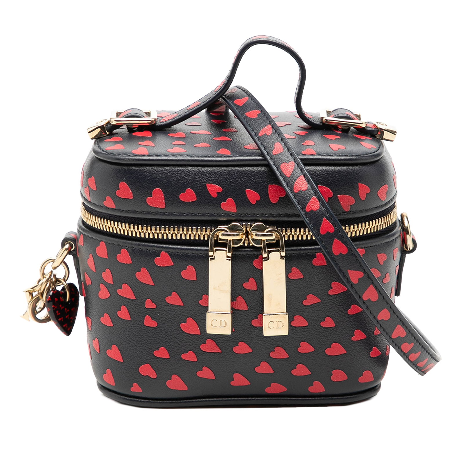 Dior Lady Dior Micro Lambskin Vanity Case Heart Print: Dior Lady Dior Micro Lambskin Vanity Case Heart Print This Micro Lady Dior vanity case is crafted in blue heart print lambskin leather and features a structured silhouette with a flat top handle, deta