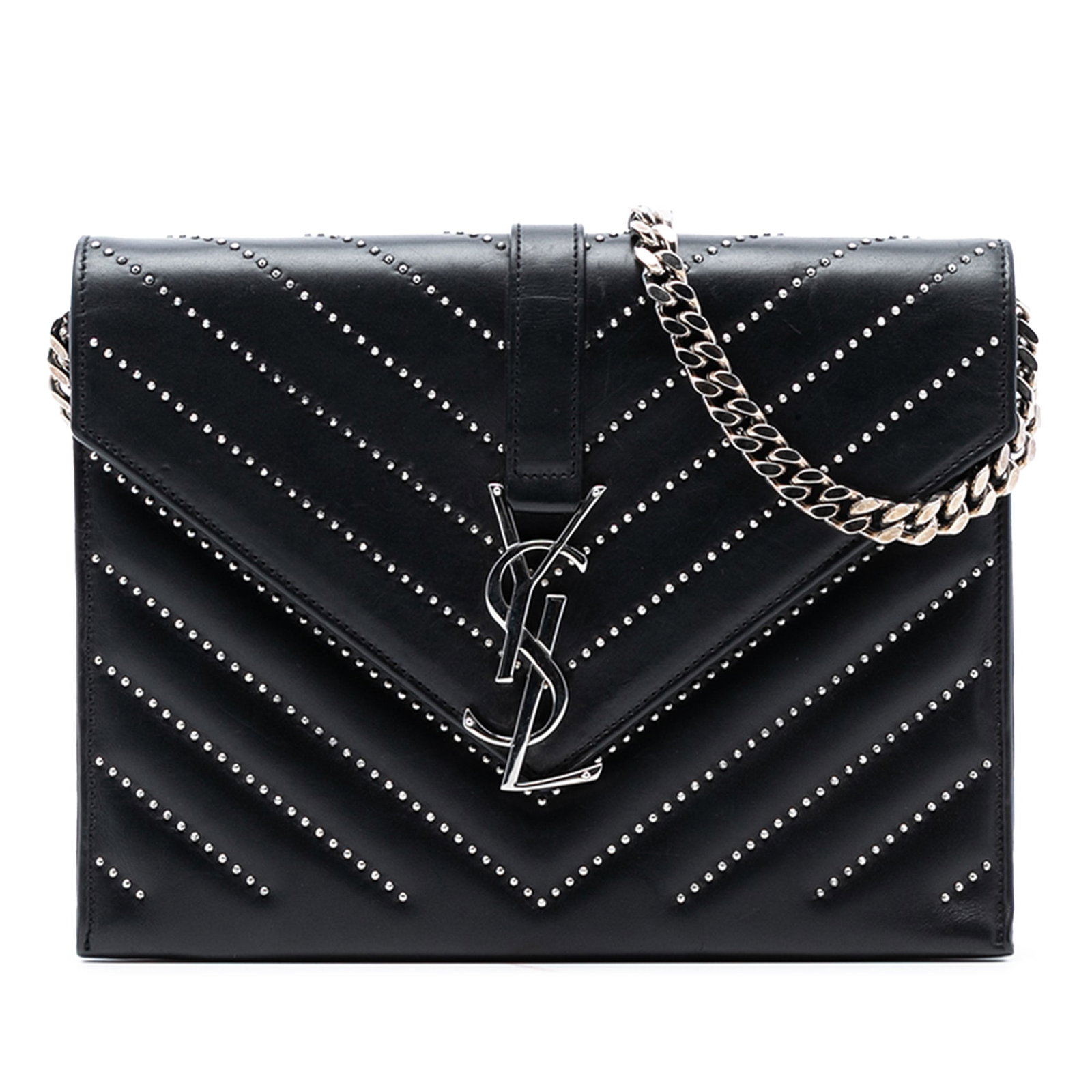 Saint Laurent Black Studded Chevron Leather Envelope Crossbody Bag: Saint Laurent Black Studded Chevron Leather Envelope Crossbody Bag This Saint Laurent envelope chain flap crossbody bag features a studded chevron calfskin leather exterior in black, a chain link shou