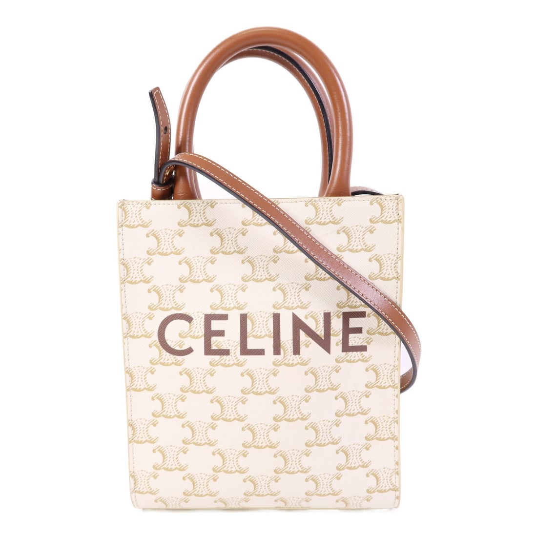 CELINE Mimi Cabas 2 Way Tote Shoulder Bag PVC Coated Canvas Brown White: CELINE Mimi Cabas 2 Way Tote Shoulder Bag PVC Coated Canvas Brown White A CELINE Cabas Tote Bag mimi 2 Way Shoulder Bag in brown and white, made from PVC coated canvas. It features a two-way design wi