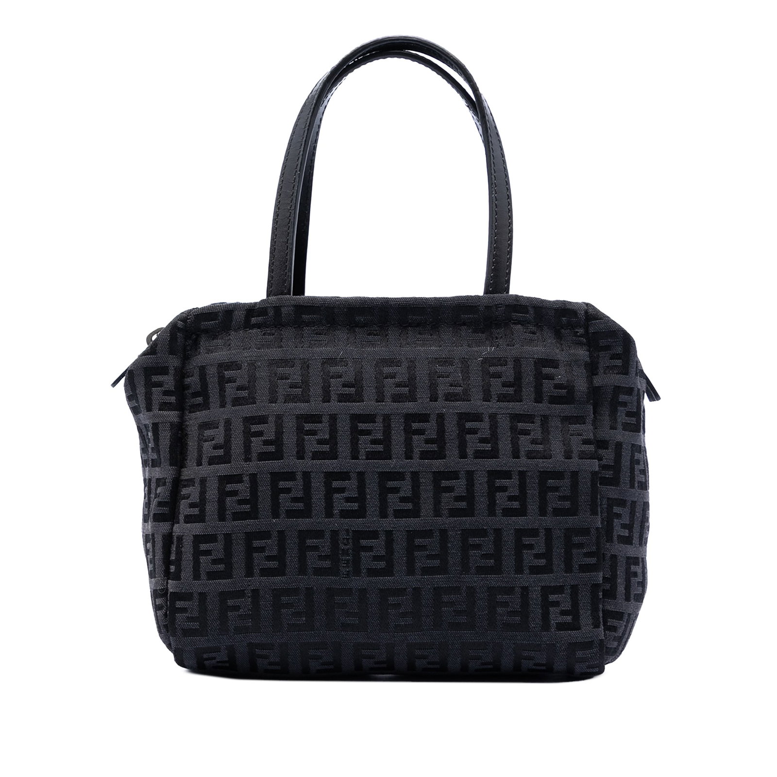 Fendi Zucchino Black Canvas Zip Top Handbag: Fendi Zucchino Black Canvas Zip Top Handbag Fendi Zucchino canvas handbag with a canvas body, flat leather handles, top zip closure, and an interior slip pocket. Made in Italy. Condition is B+ with no