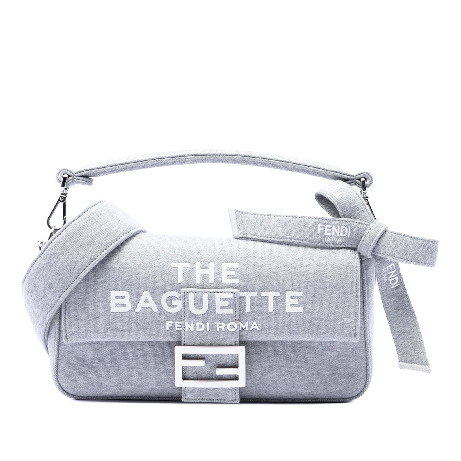 Fendi Marc Jacobs Baguette Medium Gray Jersey Satchel: Fendi Marc Jacobs Baguette Medium Gray Jersey Satchel This Fendi Marc Jacobs Medium Jersey Logo Baguette Satchel is crafted in jersey fabric and made in Italy. It features a detachable flat jersey top