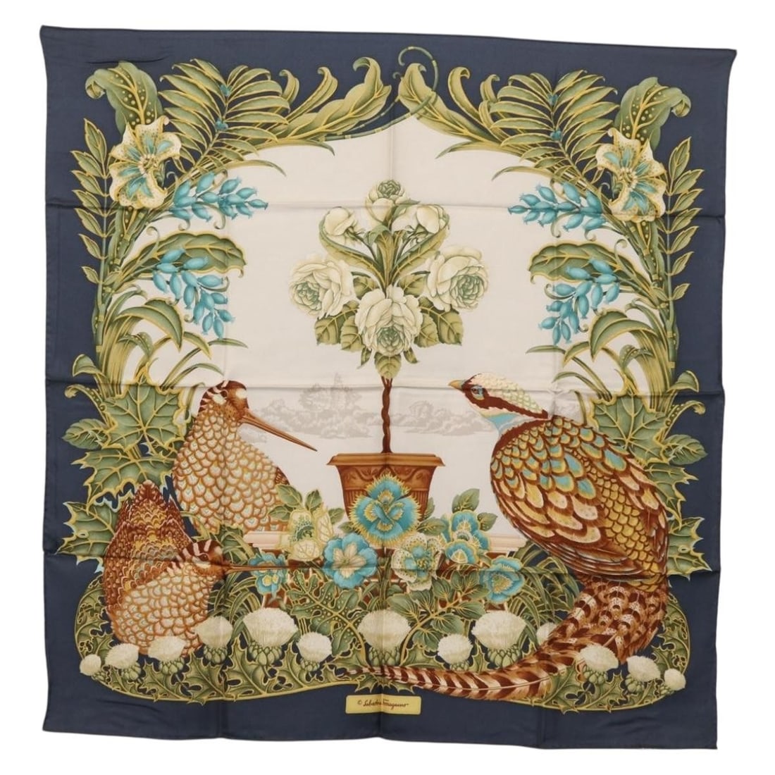 Salvatore Ferragamo Navy Silk Women Scarf with Box: Salvatore Ferragamo Navy Silk Women Scarf with Box This Salvatore Ferragamo scarf features a bird motif and is crafted from high-quality silk in a navy color. Designed for women, it is made in Italy a