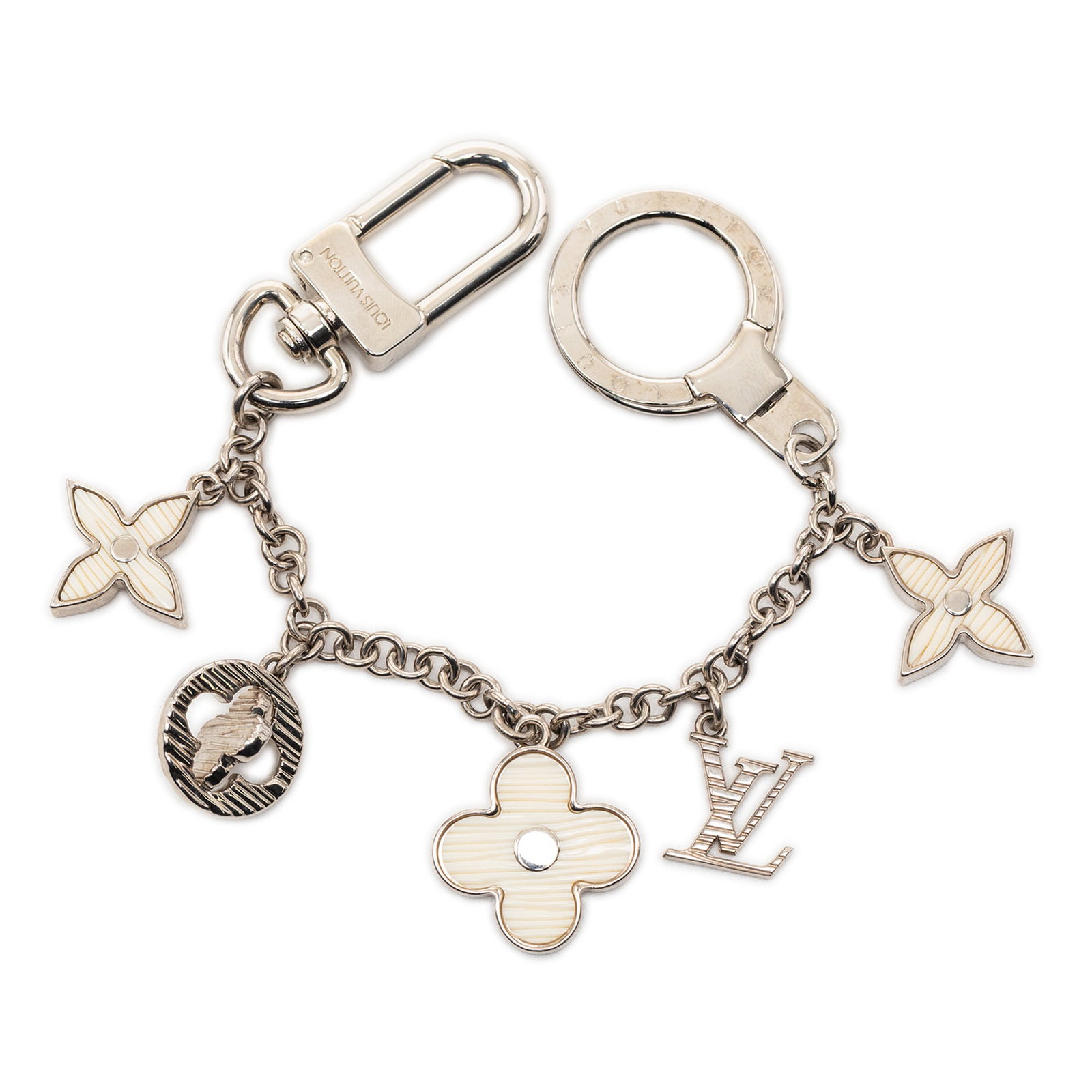 Louis Vuitton Silver Monogram Resin Charm Keyring Accessory: Louis Vuitton Silver Monogram Resin Charm Keyring Accessory This Louis Vuitton Plated Fleur D Epi bag charm features a silver-tone metal chain adorned with monogram charms and resin details. It includ