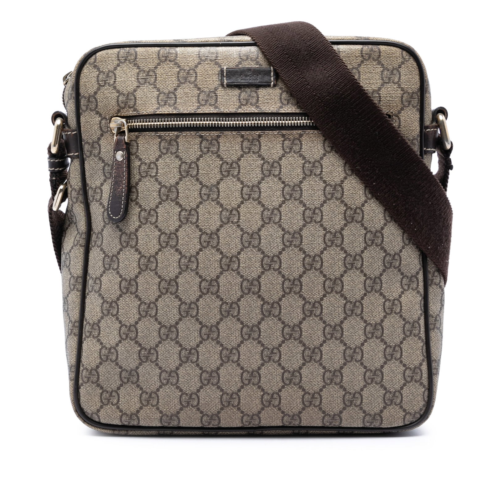 Gucci GG Supreme Crossbody Bag Beige Coated Canvas Leather Trim: Gucci GG Supreme Crossbody Bag Beige Coated Canvas Leather Trim A Gucci GG Supreme Crossbody bag in beige, made in Italy. It features a coated canvas body with leather trim, a flat strap, a top zip cl