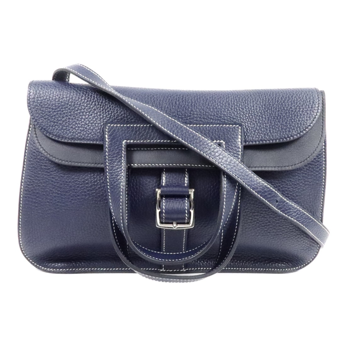 HERMES Halzan 31 Womens 2 Way Shoulder Bag Noir Bleu Nuit PHW: HERMES Halzan 31 Womens 2 Way Shoulder Bag Noir Bleu Nuit PHW Hermes PHW Halzan 31 2 Way Shoulder Handbag in Clemence/Swift Bleu Nuit/Noir. It is a women's regular-size bag made in France, with a blac