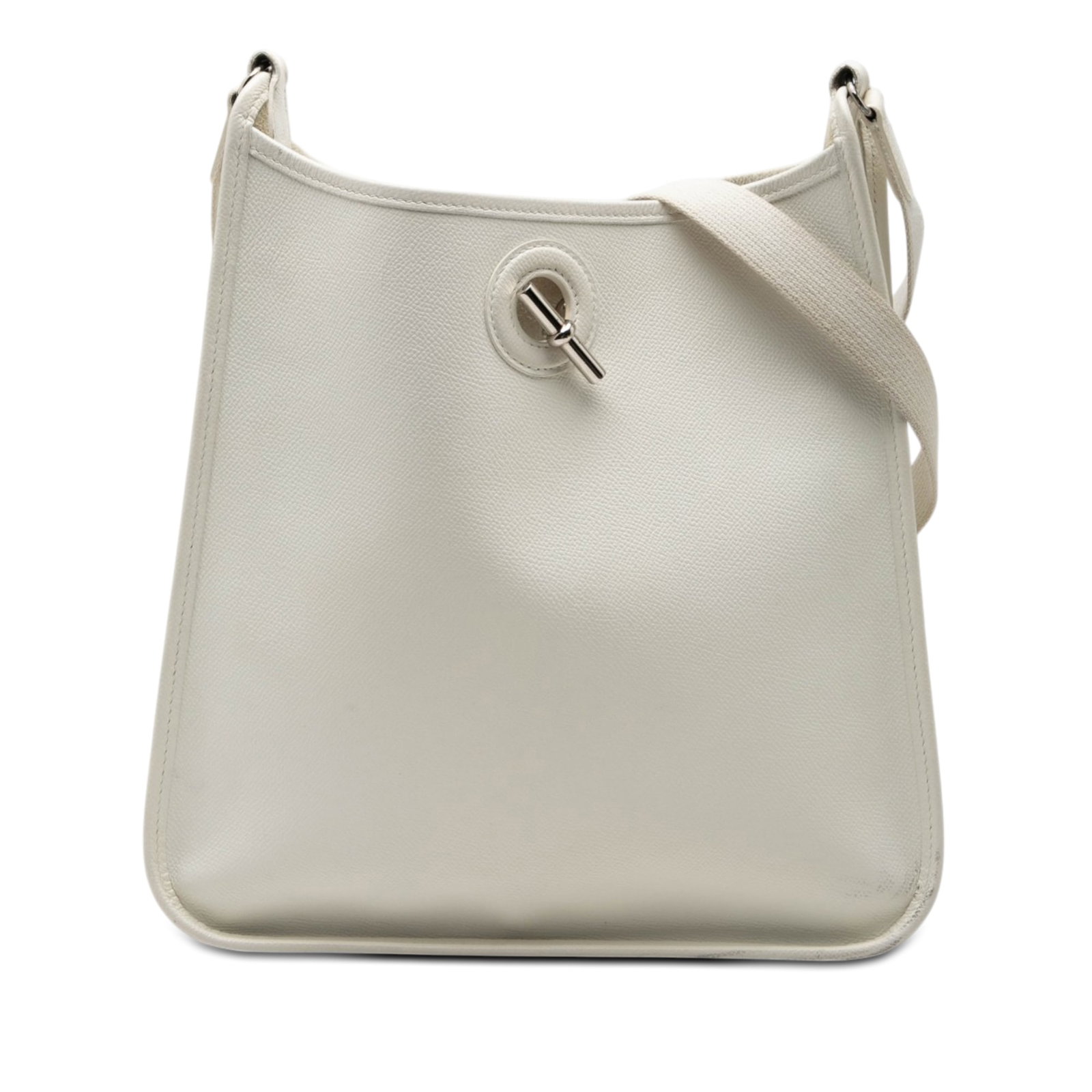 Hermes Vespa PM White Epsom Leather Shoulder Bag: Hermes Vespa PM White Epsom Leather Shoulder Bag Hermes Epsom Vespa PM bag made in France, featuring an Epsom leather body, flat strap, and top bar and ring closure. The bag is white and constructed f