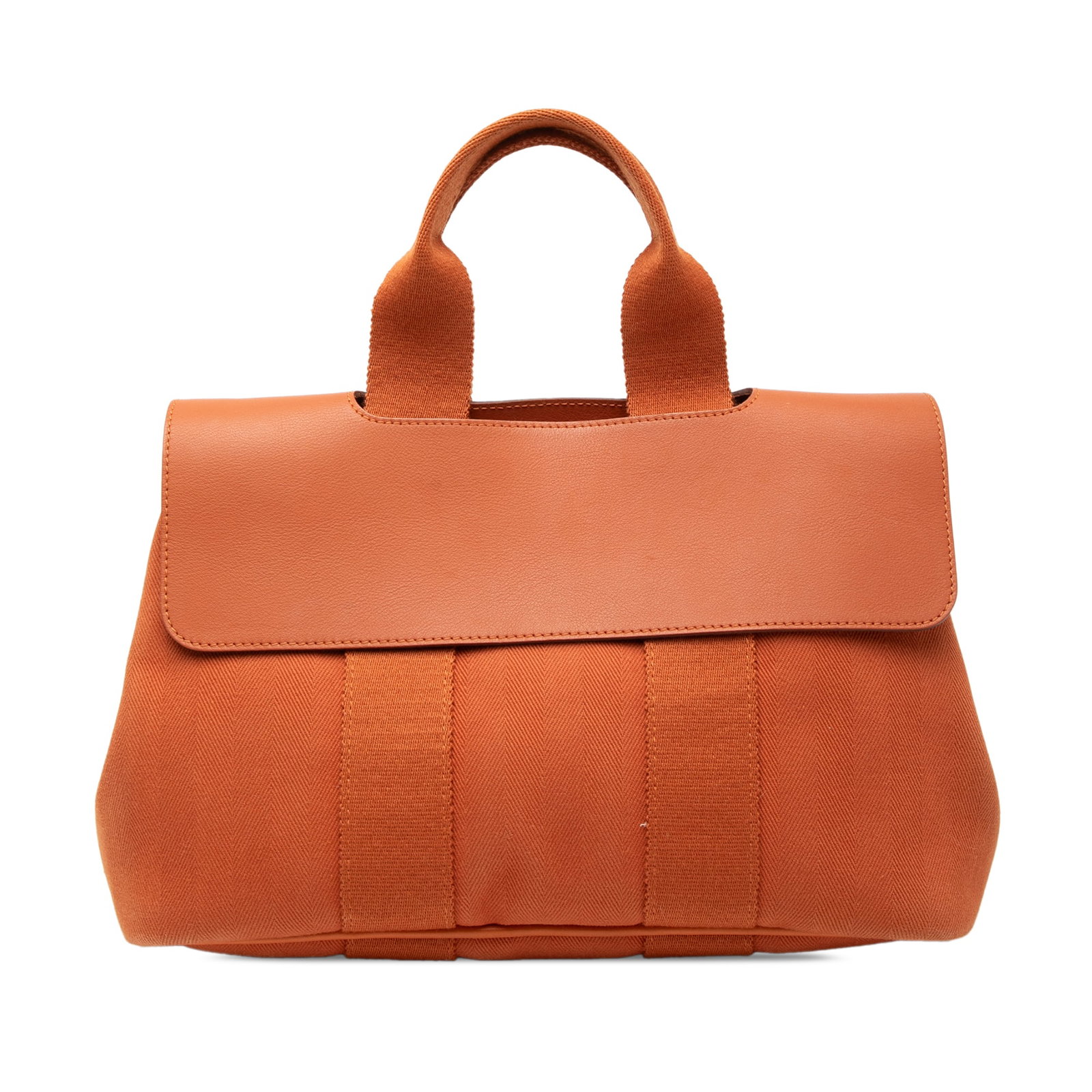 Hermes orange canvas Valparaiso PM bag: Hermes orange canvas Valparaiso PM bag This Hermes Valparaiso PM bag features a canvas body with a rolled handle, complemented by a leather top flap and snap button closure. The interior includes a sl