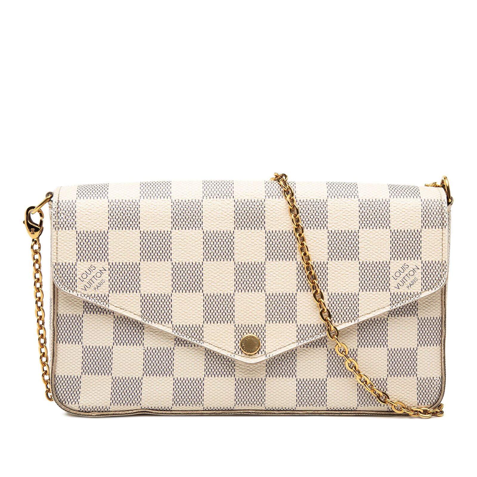 Louis Vuitton Pochette Felicie Damier Azur crossbody bag: Louis Vuitton Pochette Felicie Damier Azur crossbody bag Louis Vuitton Pochette Felicie crossbody bag in Damier Azur canvas with a detachable chain strap, top flap with snap button closure, and an int