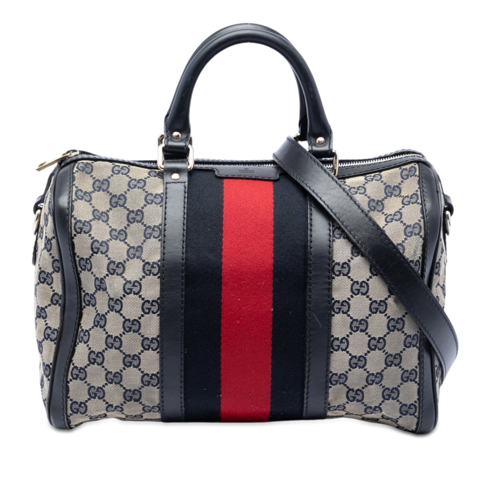 Gucci Joy Boston satchel in GG canvas with web trim: Gucci Joy Boston satchel in GG canvas with web trim This Gucci Medium GG Canvas Web Joy Boston Bag features a canvas body with leather trim, rolled leather handles, a detachable flat leather strap, a 