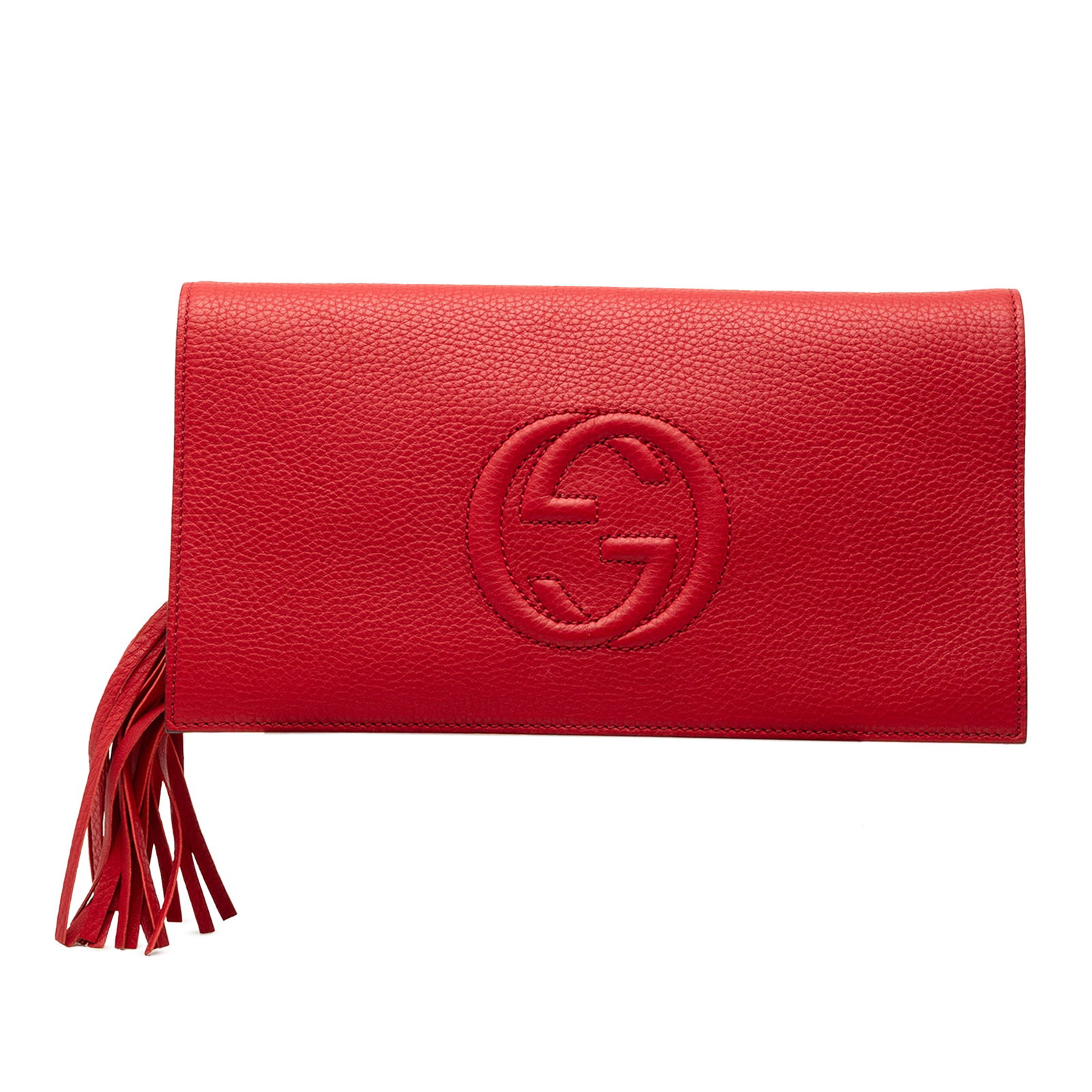 Red Leather Soho Disco Clutch Bag with Tassel by Gucci: Red Leather Soho Disco Clutch Bag with Tassel by Gucci This Gucci Leather Soho Disco Clutch features a red leather body with a front flap and magnetic snap closure, accented by a tassel detail. The in