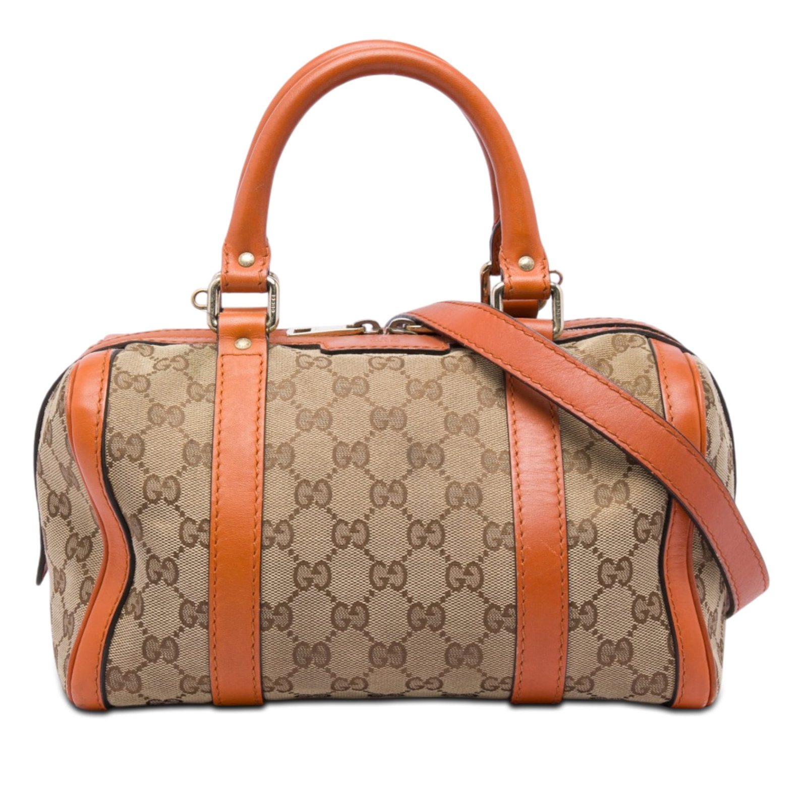 Gucci Joy Boston Bag Small GG Canvas Beige Leather Trim: Gucci Joy Boston Bag Small GG Canvas Beige Leather Trim Gucci Small GG Canvas Joy Boston Bag in beige, made in Italy. This bag features a canvas body with leather trim, rolled leather handles, a detac