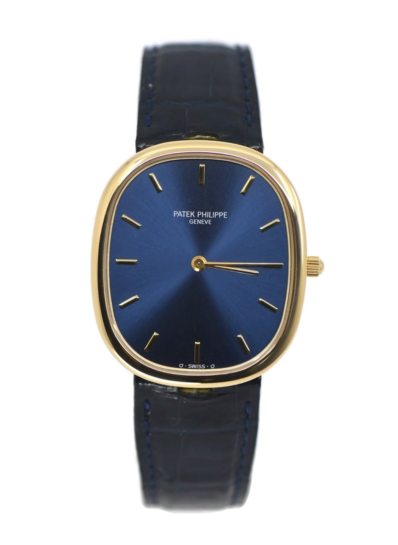 Patek Philippe Ellipse 18K Yellow Gold Automatic Wristwatch 3738 Box: Patek Philippe Ellipse 18K Yellow Gold Automatic Wristwatch 3738 Box This Patek Philippe Ellipse wristwatch features a classic 18K yellow gold case with a gold bezel and a blue analog dial. Designed f