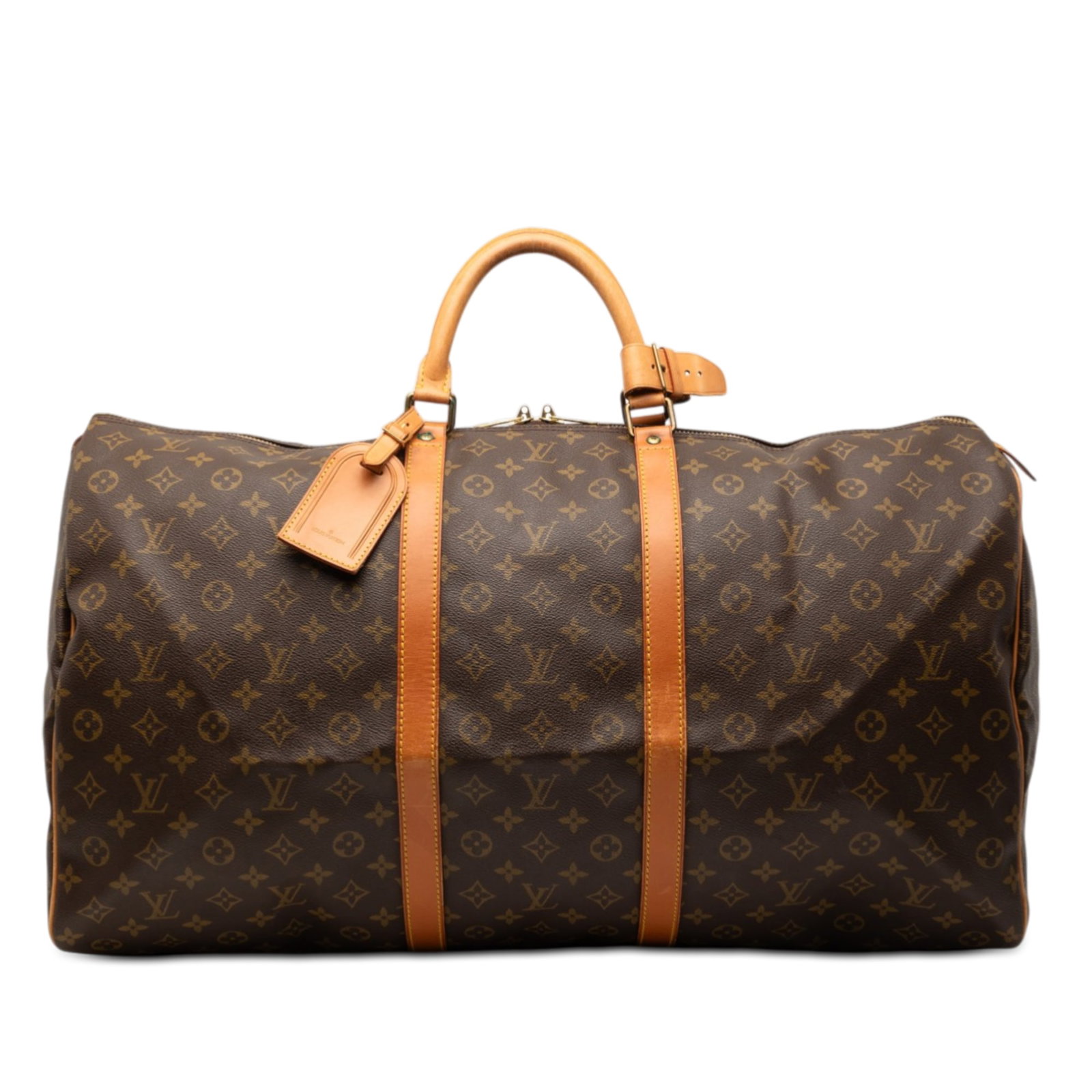 Louis Vuitton Keepall 60 Travel Bag Monogram Canvas With Vachetta Leather Trim: Louis Vuitton Keepall 60 Travel Bag Monogram Canvas With Vachetta Leather Trim This Louis Vuitton Keepall 60 features the iconic monogram canvas body with vachetta leather trim and rolled vachetta lea