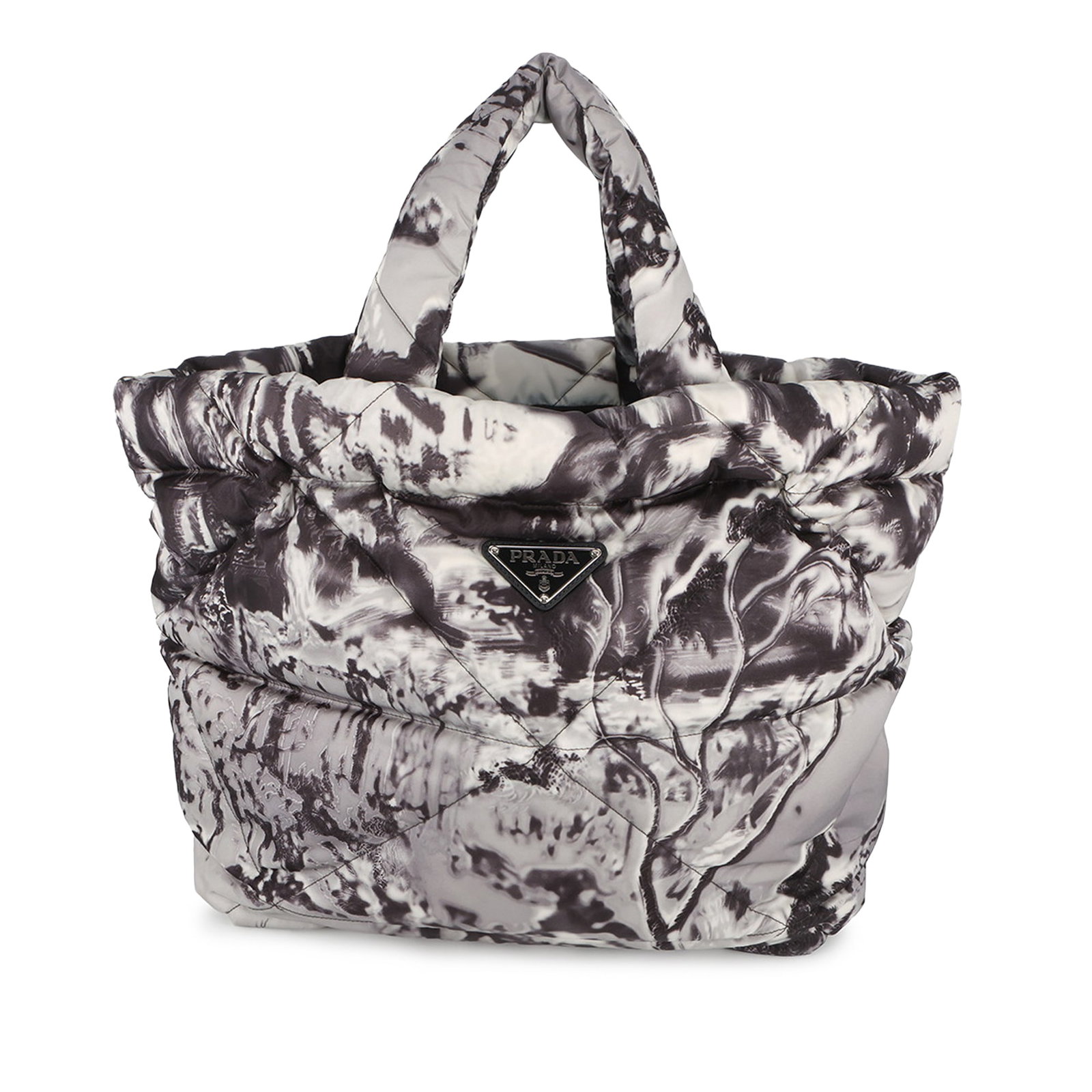 Prada Re Nylon Padded Printed Tote Bag Gray: Prada Re Nylon Padded Printed Tote Bag Gray Prada Re Nylon Printed Padded Tote in gray, made in Italy. This tote bag features a re-nylon body, rolled handles, an open top, and interior zip and slip po