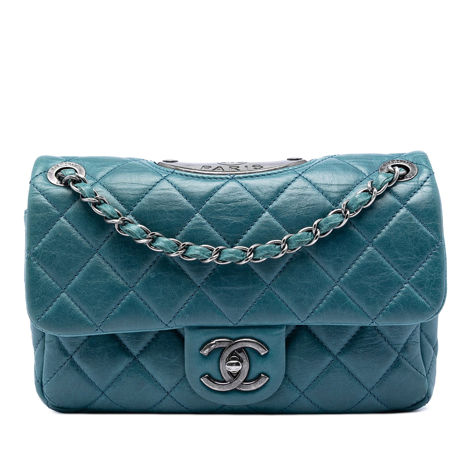 Chanel Quilted Calfskin Double Flap Shoulder Bag Blue: Chanel Quilted Calfskin Double Flap Shoulder Bag Blue This Chanel Quilted Calfskin Plaque Double Flap shoulder bag features a quilted leather body, leather-woven chain shoulder straps, a front flap wi