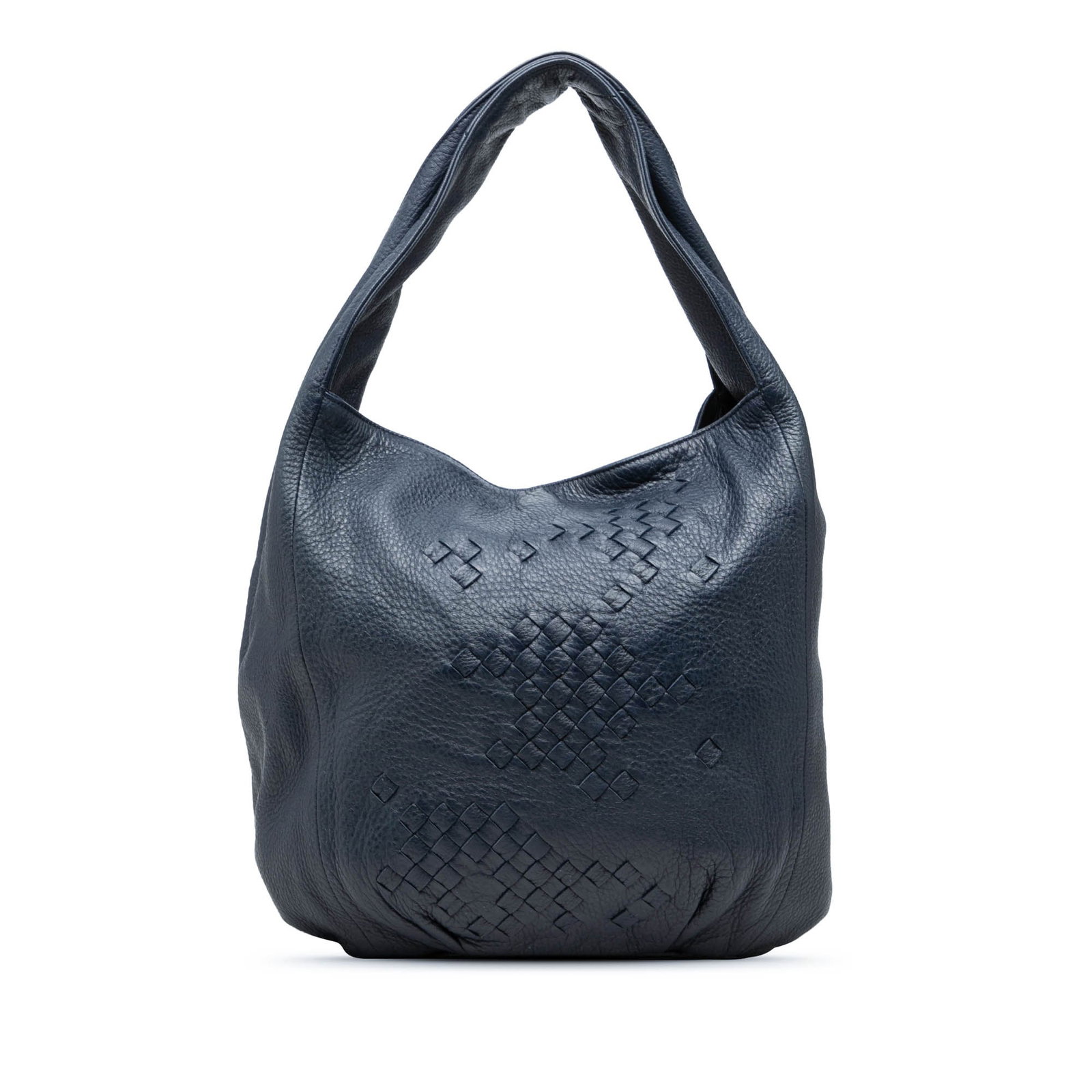 Bottega Veneta Intrecciato Cervo Deerskin Blue Shoulder Bag: Bottega Veneta Intrecciato Cervo Deerskin Blue Shoulder Bag Blue leather shoulder bag with intrecciato trim and a deerskin hobo silhouette. It features a flat leather shoulder strap, an open top, and 
