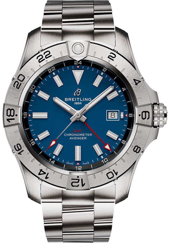 Breitling A32320101C1A1 Avenger GMT Mens Watch Blue Dial Bracelet Card: Breitling A32320101C1A1 Avenger GMT Mens Watch Blue Dial Bracelet Card Breitling Avenger Automatic GMT men's watch with a blue dial and rotating bezel, presented on a bracelet. The listing includes ca