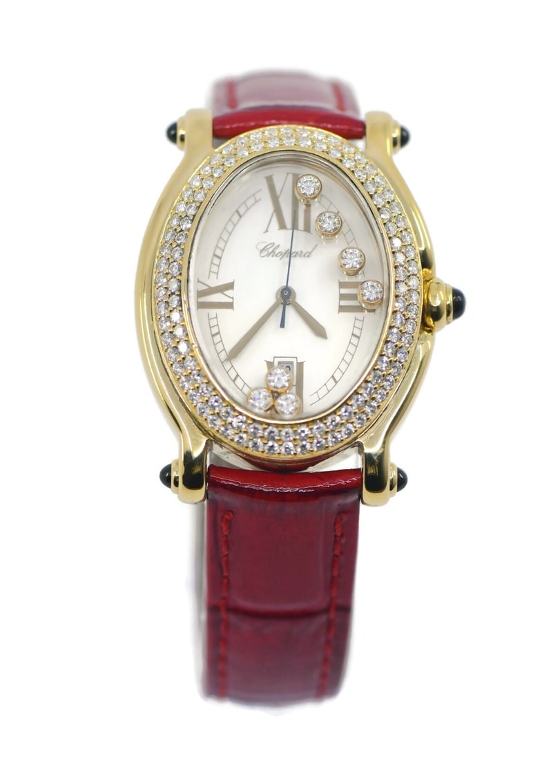 Chopard Happy Sport Diamond 18K Yellow Gold Watch Ref 27/7000 with Box: Chopard Happy Sport Diamond 18K Yellow Gold Watch Ref 27/7000 with Box Experience luxury with the Chopard Happy Sport Diamond Watch, a stunning wristwatch crafted with 18K yellow gold. This elegant pi