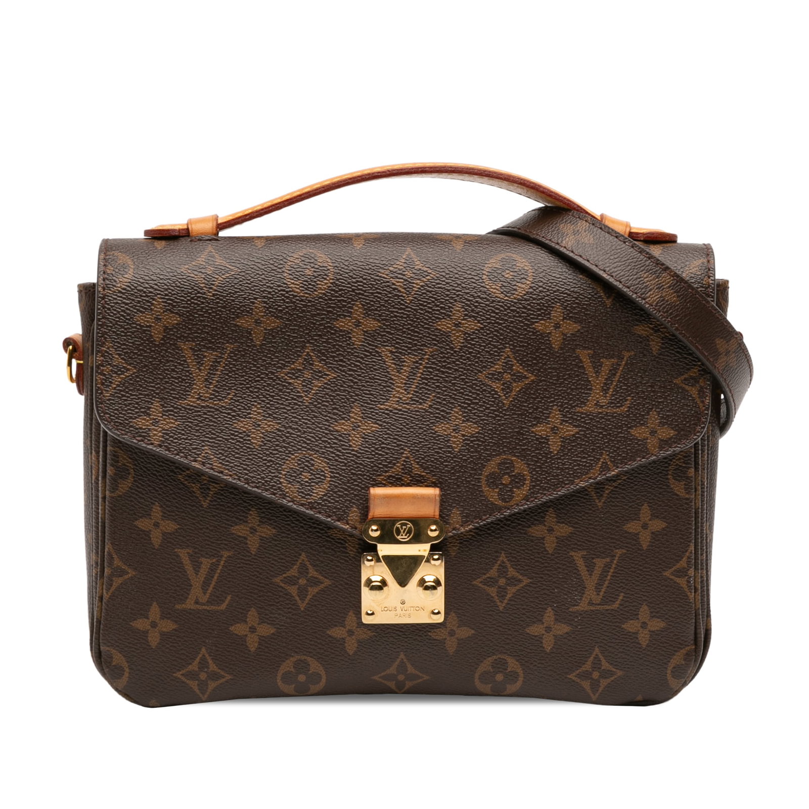 Louis Vuitton Pochette Metis Shoulder Bag Monogram Canvas with Vachetta Handle: Louis Vuitton Pochette Metis Shoulder Bag Monogram Canvas with Vachetta Handle The Louis Vuitton Monogram Pochette Metis showcases the signature monogram canvas with a flat vachetta leather top handle
