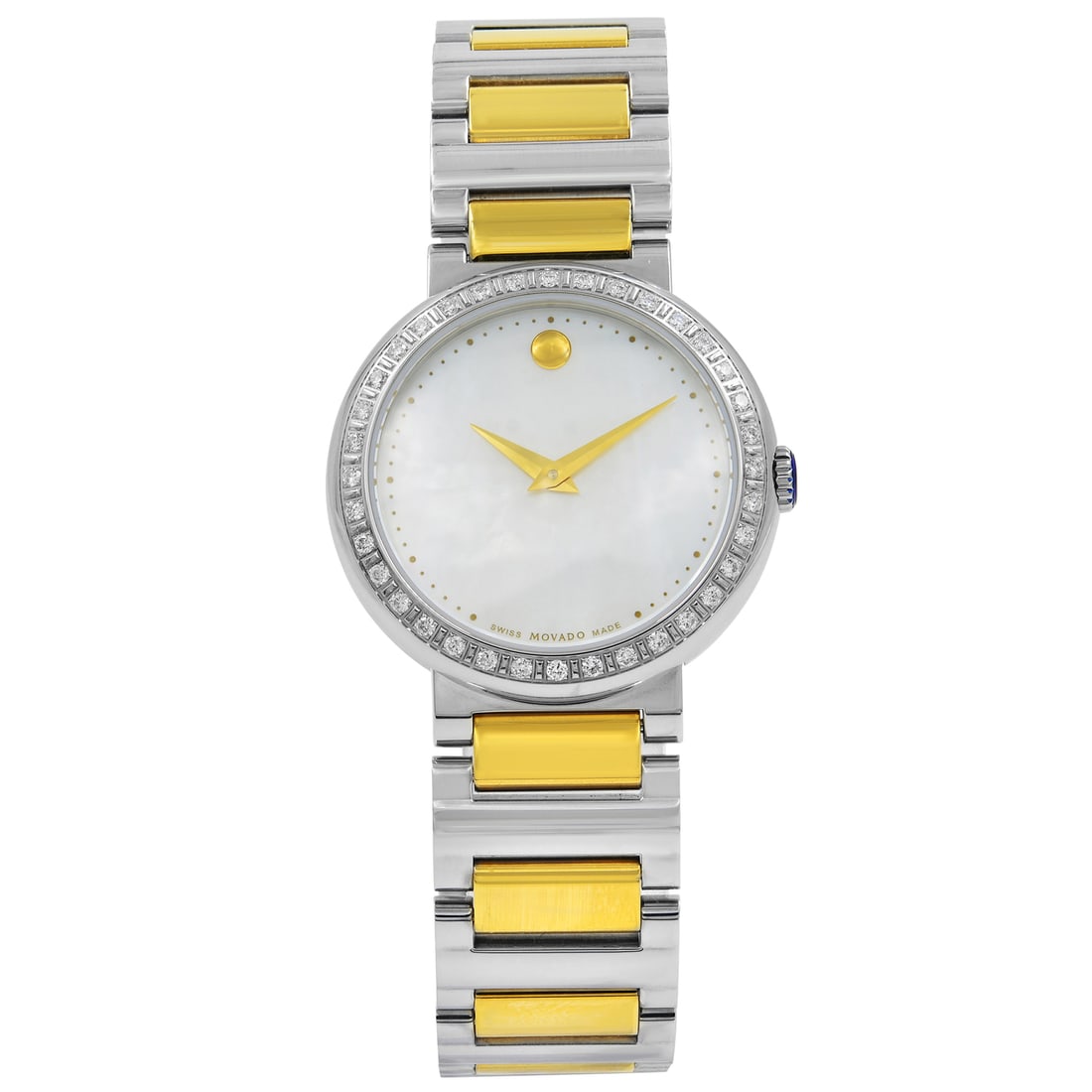 Movado Concerto 30mm Quartz Ladies Watch Diamond Bezel MOP Dial 0606470: Movado Concerto 30mm Quartz Ladies Watch Diamond Bezel MOP Dial 0606470 This Movado Concerto wristwatch features a luxurious 30mm round silver stainless steel case with a polished finish and a stunnin