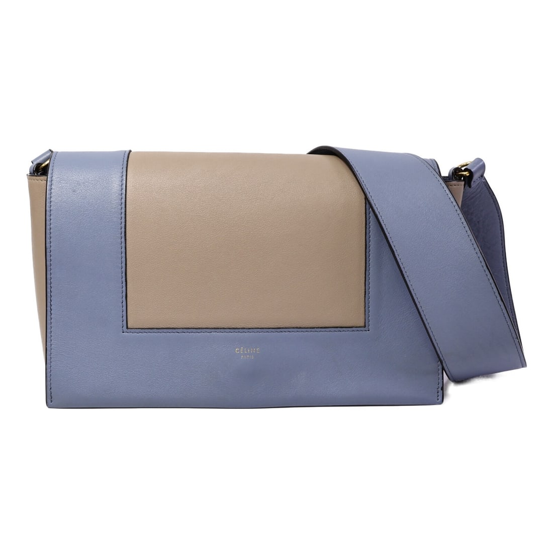 CELINE Frame Shoulder Bag 18026AQO.06ML Blue Grey Calfskin: CELINE Frame Shoulder Bag 18026AQO.06ML Blue Grey Calfskin A CELINE Frame Shoulder Bag in blue/grey calfskin leather with gold-tone hardware. It features a magnetic pocket, two open interior pockets, 