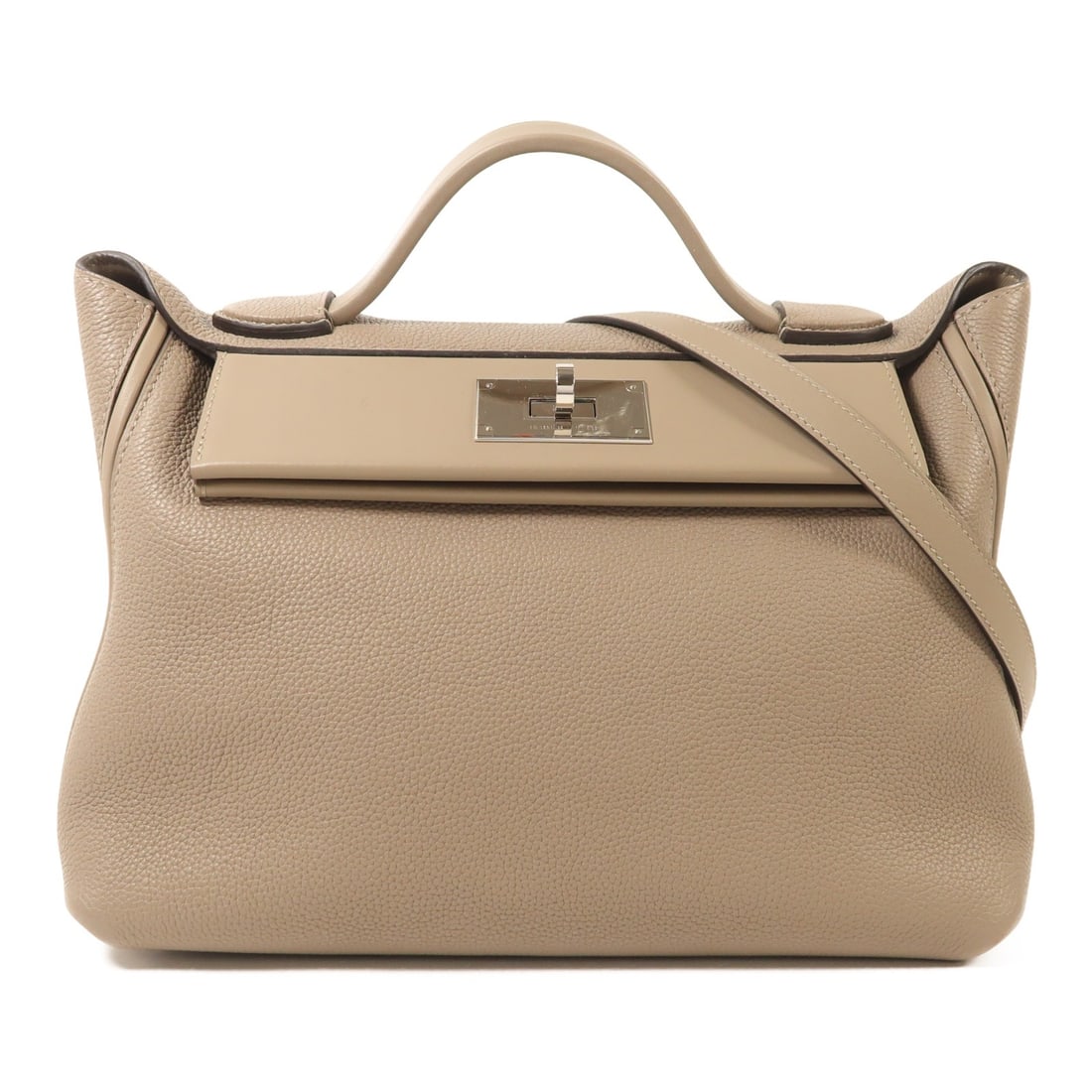 Hermes 24 24 29cm Clemence 2 Way Bag Gris Asphalte PHW: Hermes 24 24 29cm Clemence 2 Way Bag Gris Asphalte PHW Hermes 24/24 29cm 2-way shoulder bag in Taurillon Clemence and calfskin, presented in Gris Asphalte/gray with PHW. Made in France, this women's b