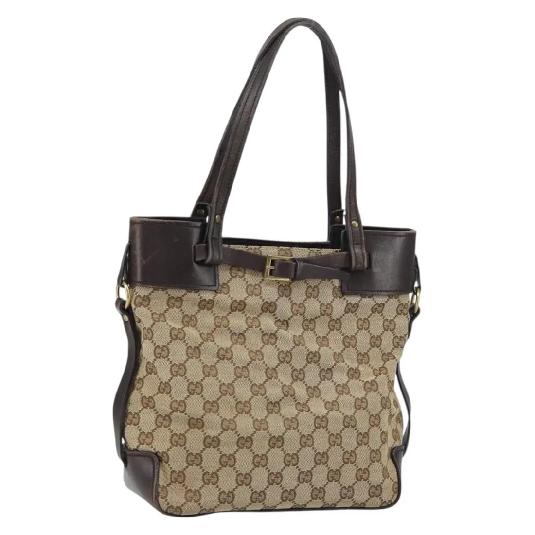 Gucci GG Canvas Bucket Tote with Leather Belt Detail: Gucci GG Canvas Bucket Tote with Leather Belt Detail This Gucci Belted Bucket Tote for women features beige GG canvas with leather accents. The pre-owned tote measures 24cm x 23cm x 9cm and is crafted