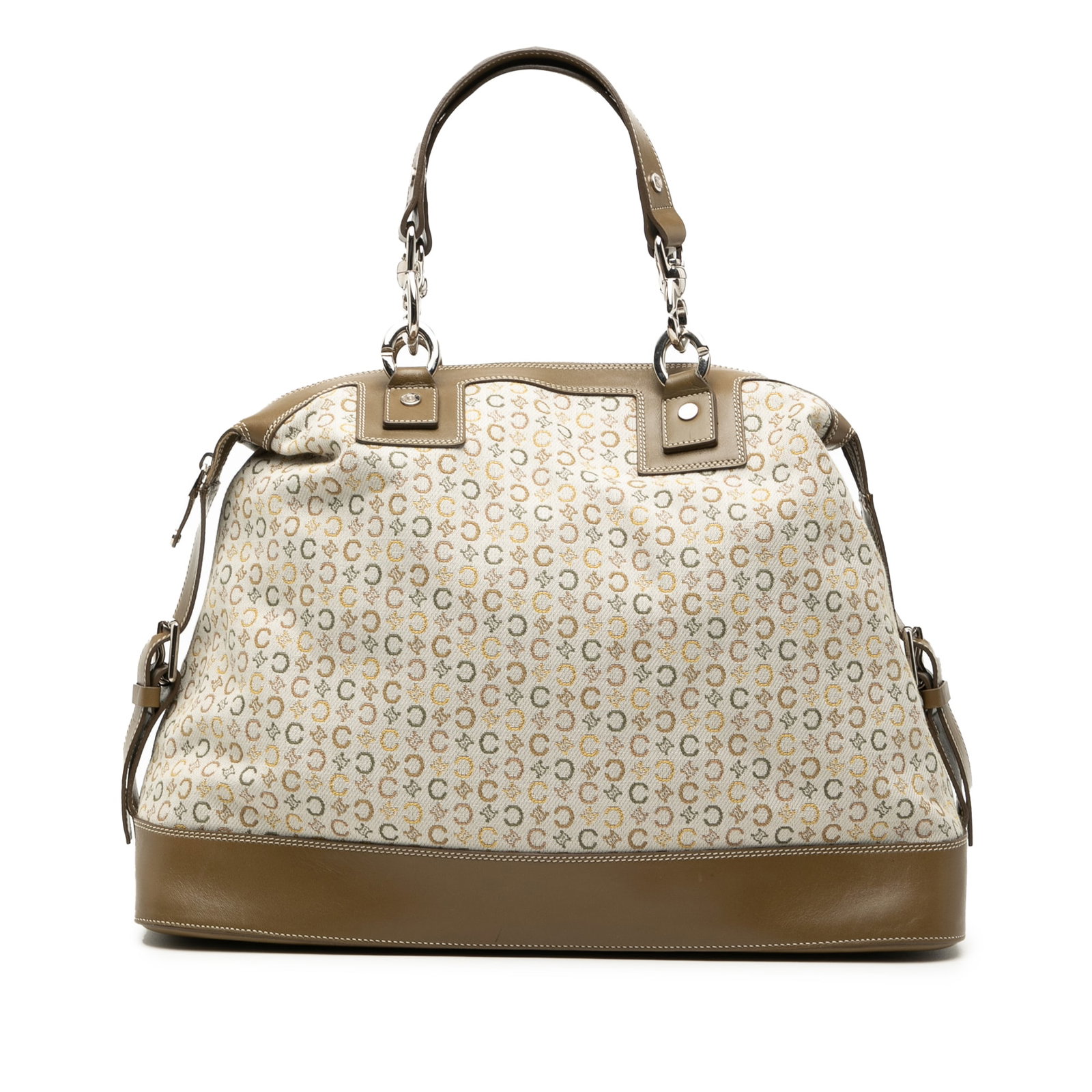 Celine Macadam Canvas Shoulder Bag with Leather Trim Beige: Celine Macadam Canvas Shoulder Bag with Leather Trim Beige This Celine C Macadam Canvas Handbag features a printed canvas body with leather trim, flat leather straps, a top zip closure, and interior s