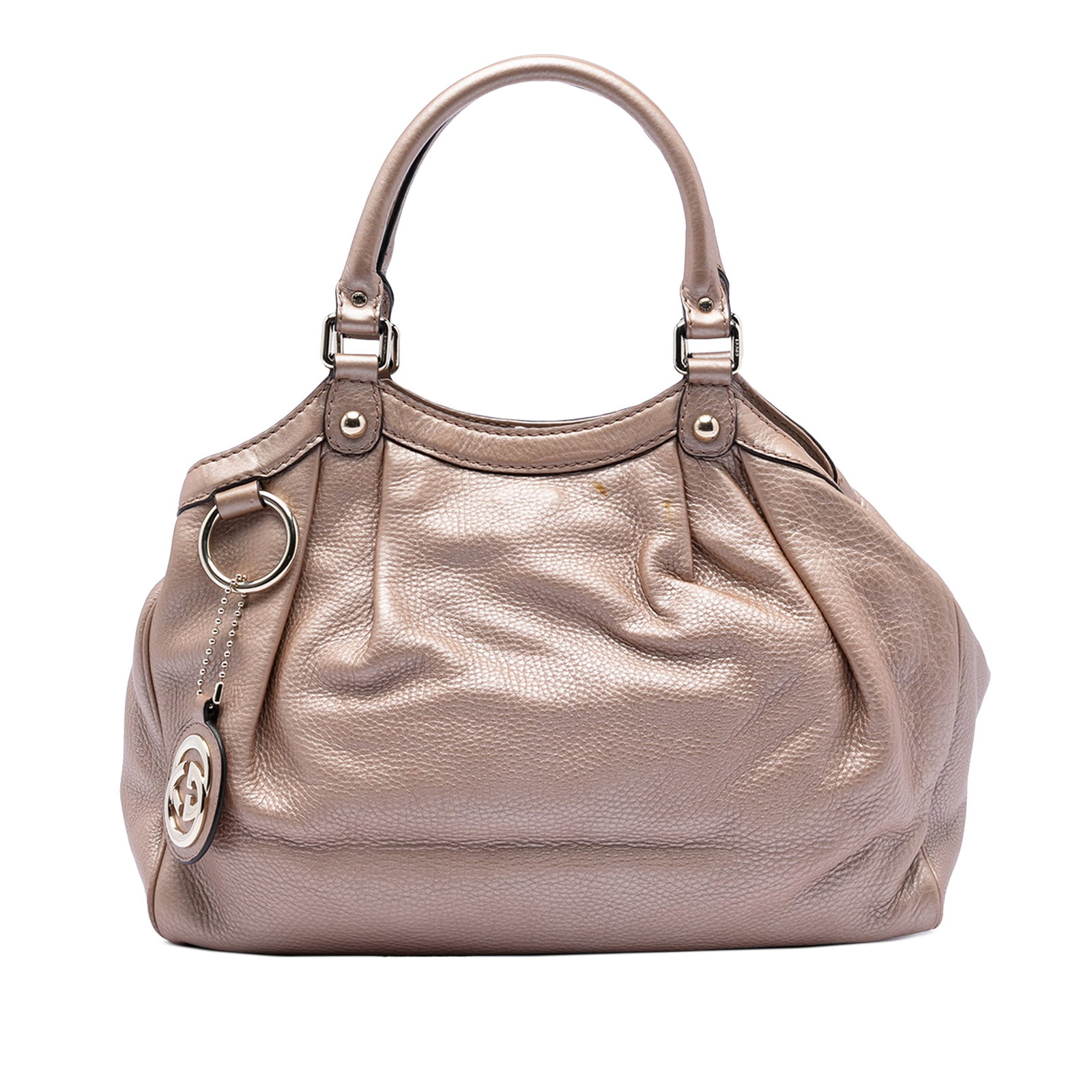 Gucci Sukey Medium Pink Metallic Leather Tote Bag: Gucci Sukey Medium Pink Metallic Leather Tote Bag This Gucci Medium Metallic Calfskin Sukey Tote showcases a metallic pink leather exterior with rolled leather handles and an open top secured by a mag