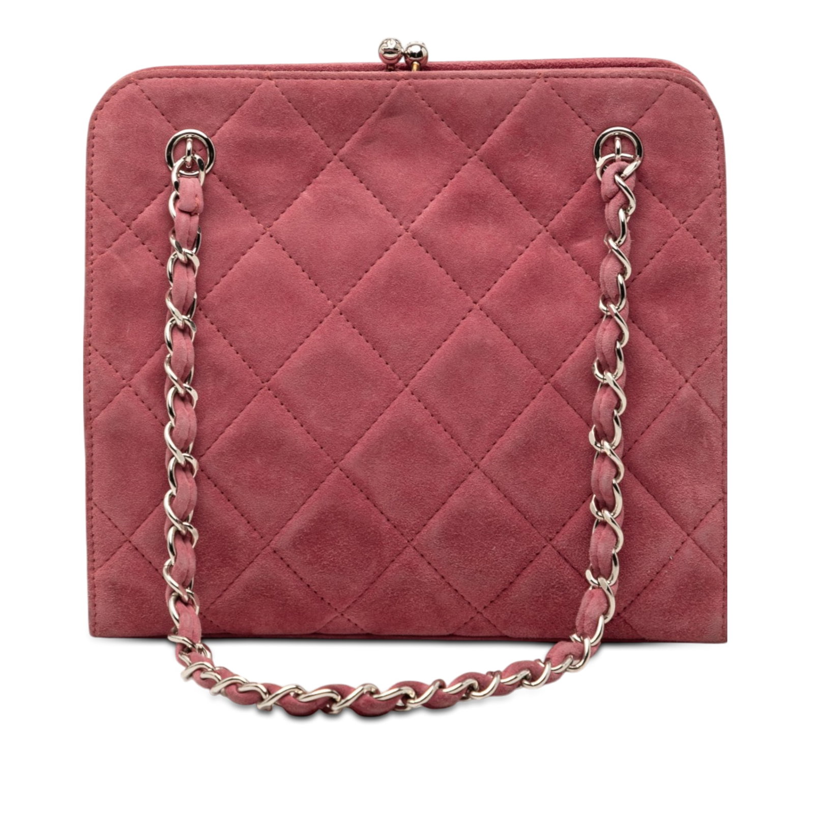 Chanel Pink Quilted Suede Kiss Lock Chain Handbag: Chanel Pink Quilted Suede Kiss Lock Chain Handbag This Chanel CC Quilted Suede Kiss Lock Handbag features a soft pink quilted suede body, complemented by suede-woven chain handles and a top frame with