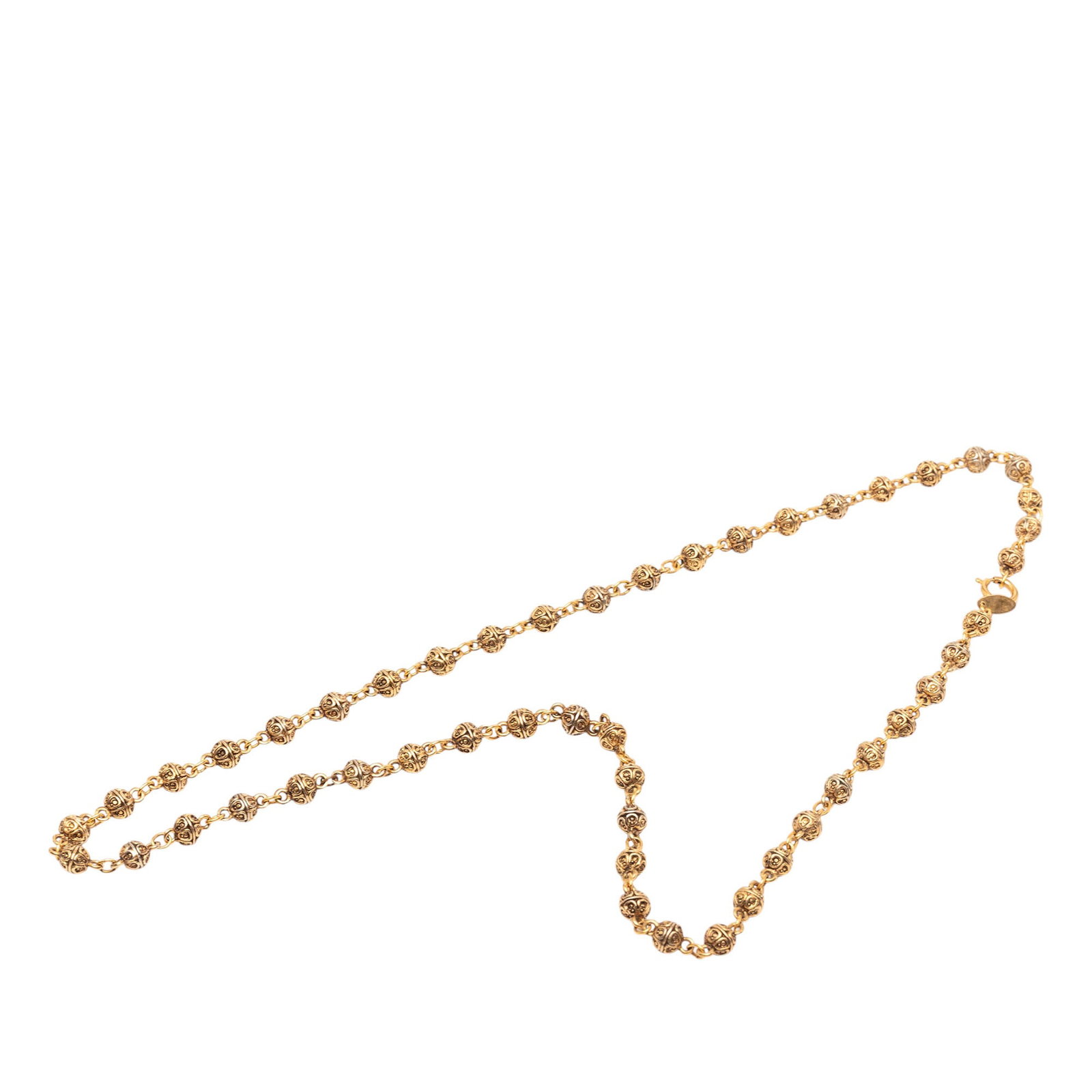 Chanel Gold Plated Beaded Necklace Strand: Chanel Gold Plated Beaded Necklace Strand Chanel gold plated bead strand necklace with a spring ring closure. This costume jewelry piece is made in France and shows wear consistent with use, including