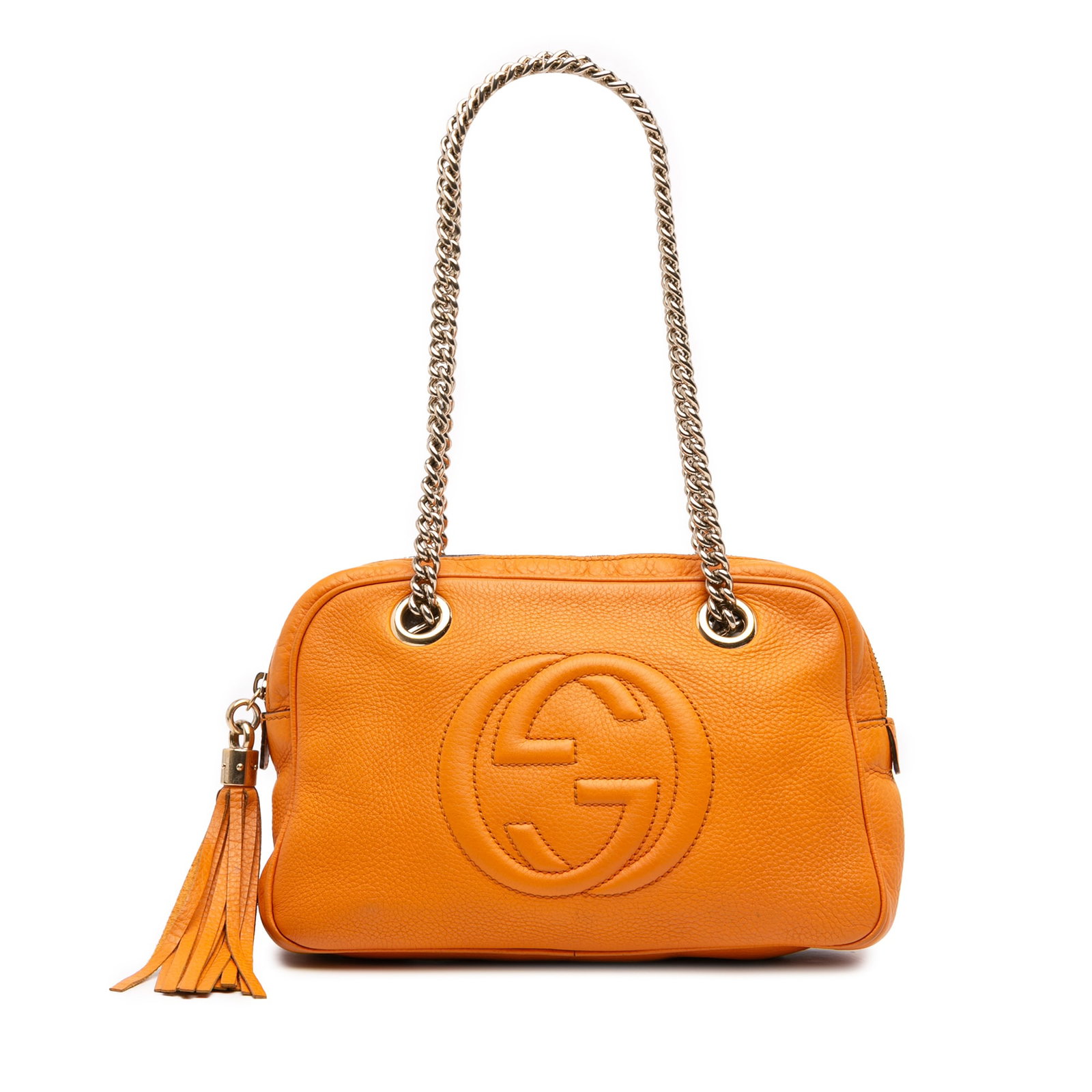 Gucci Leather Soho Chain Zip Shoulder Bag Orange Italy: Gucci Leather Soho Chain Zip Shoulder Bag Orange Italy Elevate your style with the Gucci Leather Soho Chain Zip Shoulder Bag, crafted from high-quality leather in a vibrant orange hue. This chic shoul