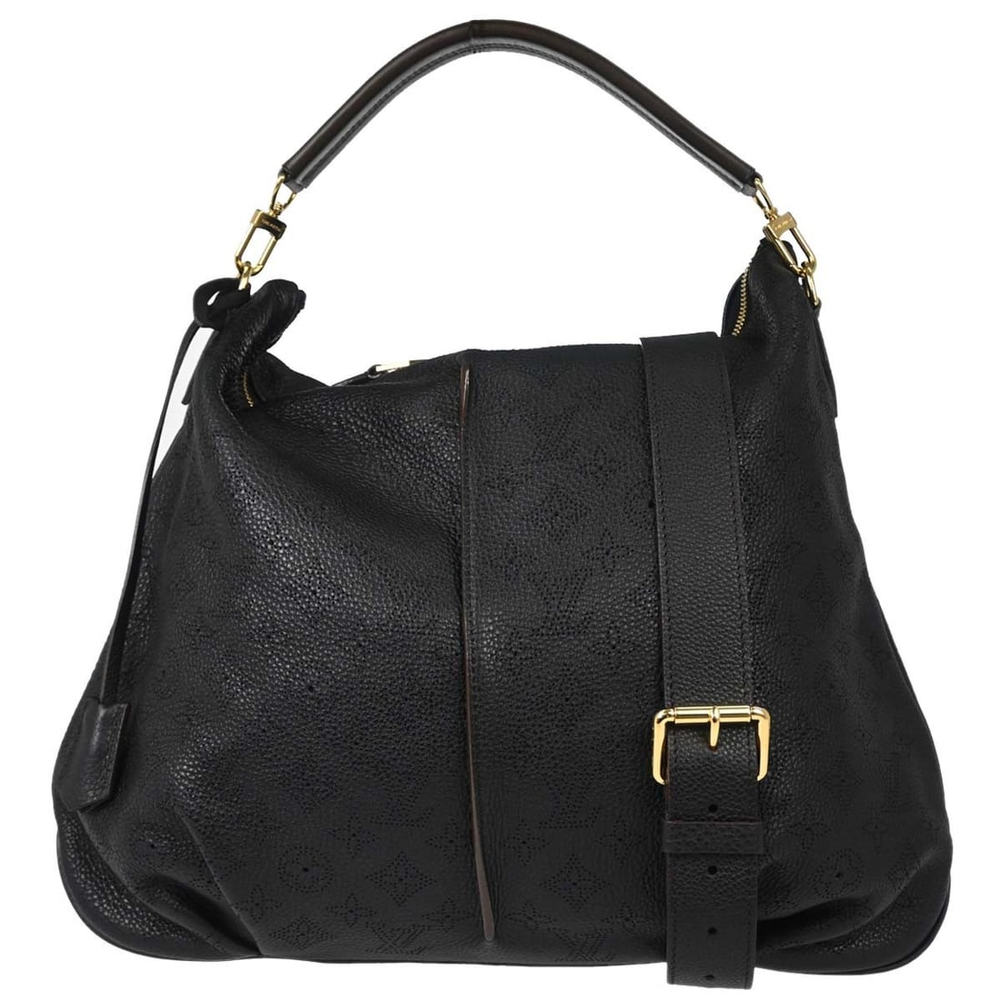 Louis Vuitton Selene MM Mahina Leather Hobo Bag with Strap and Pouch: Louis Vuitton Selene MM Mahina Leather Hobo Bag with Strap and Pouch Vintage Louis Vuitton Selene MM 2-way handbag in black Mahina leather with a monogram pattern. This large hobo-style bag features a