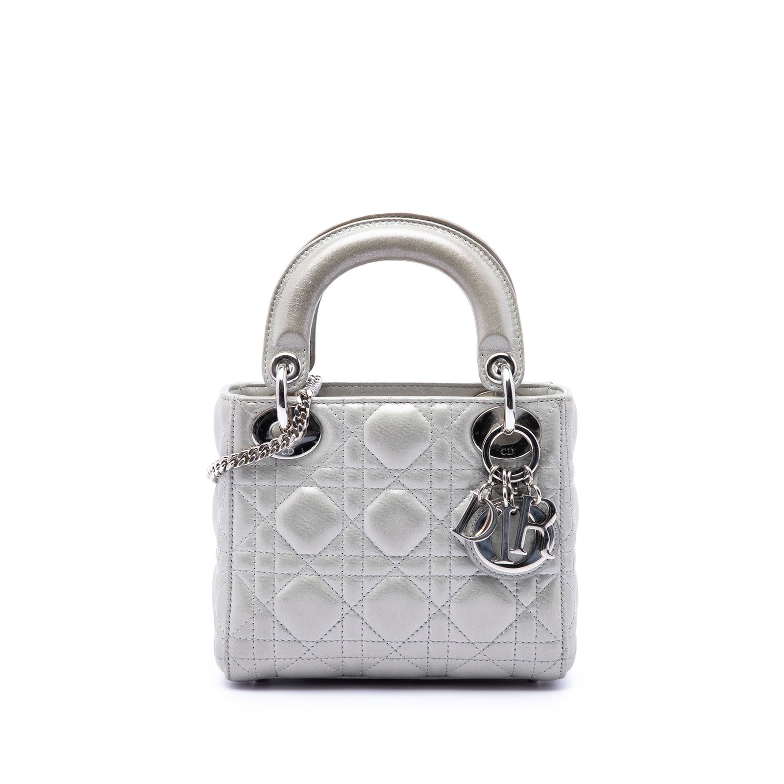Dior Lady Dior Mini Cannage Iridescent Lambskin Bag Silver: Dior Lady Dior Mini Cannage Iridescent Lambskin Bag Silver Mini Lady Dior bag in iridescent quilted lambskin leather with a Cannage pattern. It features flat leather top handles, a detachable chain-li