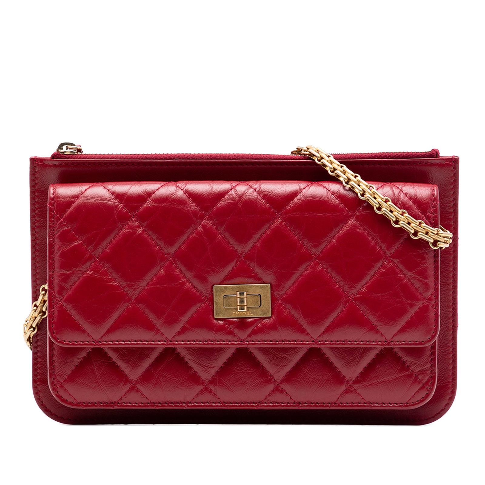 Chanel Reissue 2.55 Wallet on Chain Red Quilted Aged Calfskin: Chanel Reissue 2.55 Wallet on Chain Red Quilted Aged Calfskin Chanel Quilted Aged Calfskin Reissue 2.55 Wallet on Chain in red leather, made in Italy. It features a quilted aged calfskin leather body,