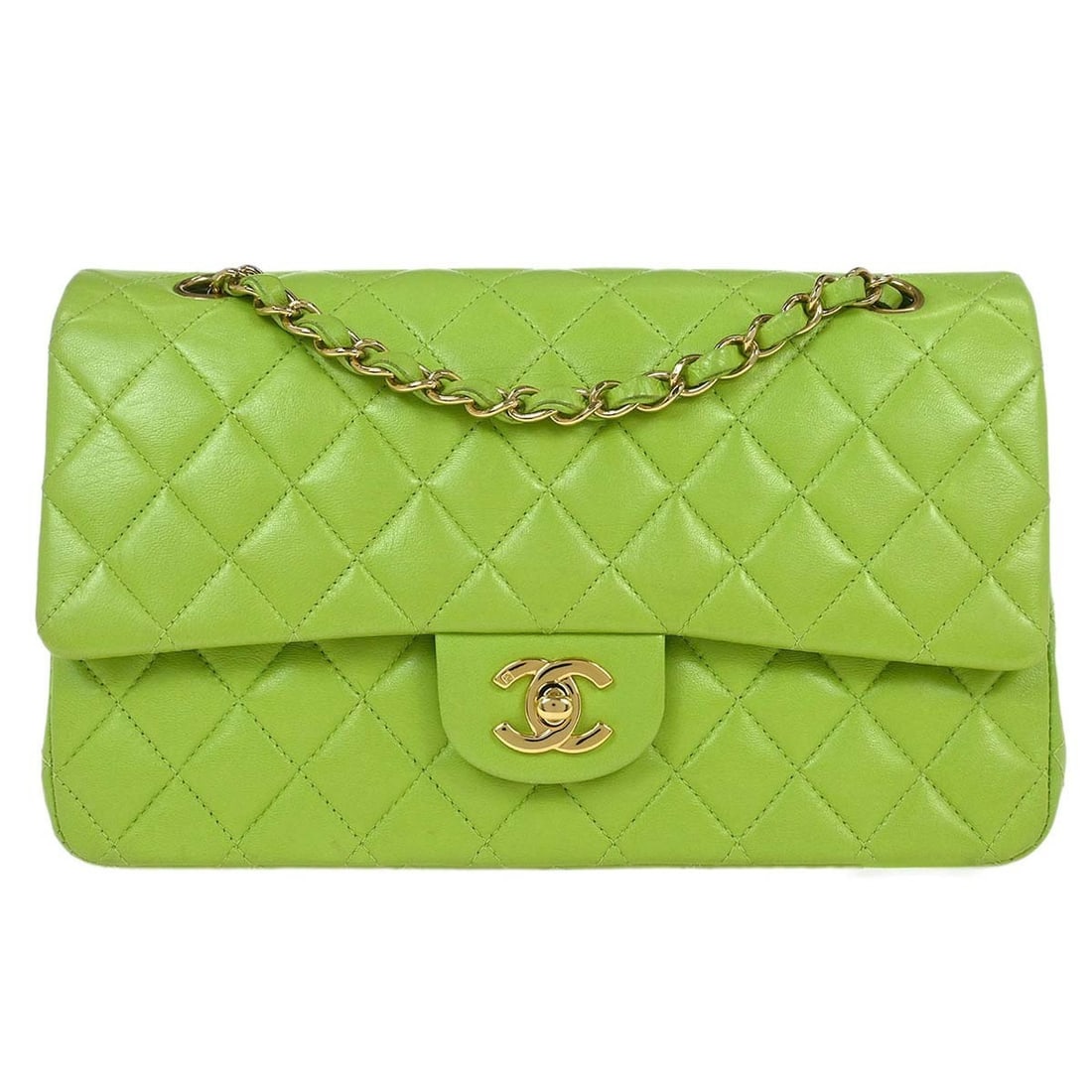CHANEL Classic Double Flap Medium Green Lambskin Shoulder Bag: CHANEL Classic Double Flap Medium Green Lambskin Shoulder Bag Chanel Classic Double Flap medium shoulder bag in light green lambskin leather. This women's shoulder bag features the iconic turn-lock cl