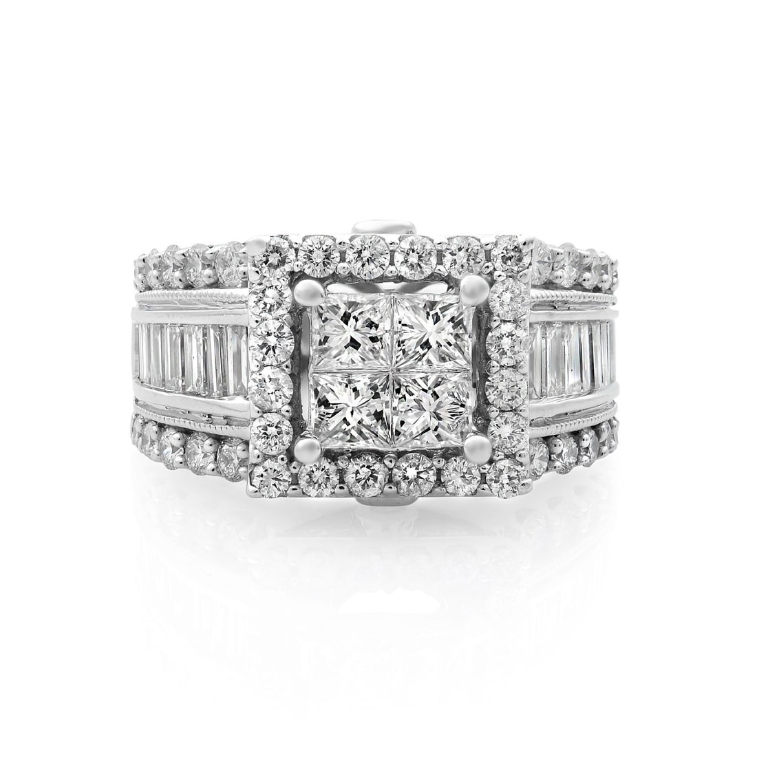 Rachel Koen 14K White Gold Princess Cut Diamond Ring 2.00cttw Size 5.5: Rachel Koen 14K White Gold Princess Cut Diamond Ring 2.00cttw Size 5.5 This Rachel Koen engagement ring is crafted from 14k white gold and features a sophisticated D-shape band. At its center, four pr
