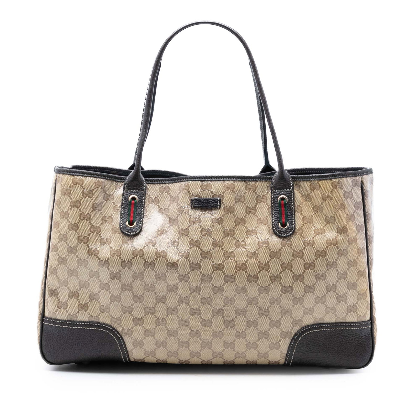Gucci Princy GG Crystal beige coated canvas tote bag: Gucci Princy GG Crystal beige coated canvas tote bag This Gucci GG Crystal Princy Tote is crafted from coated canvas with leather trim and features rolled leather straps for comfortable carrying. The 