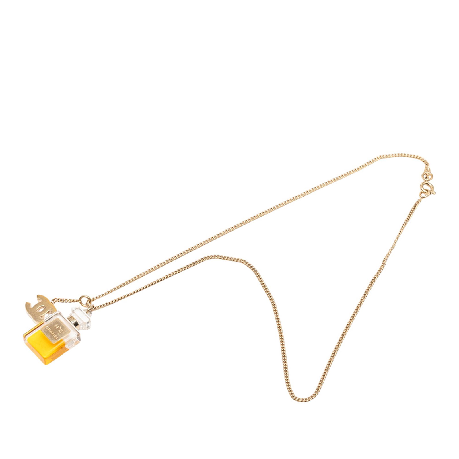 Chanel CC pendant necklace with perfume bottle charm gold tone: Chanel CC pendant necklace with perfume bottle charm gold tone Chanel costume necklace featuring a gold-tone chain with a resin perfume bottle charm and a gold-tone CC logo pendant. Made in Italy, thi