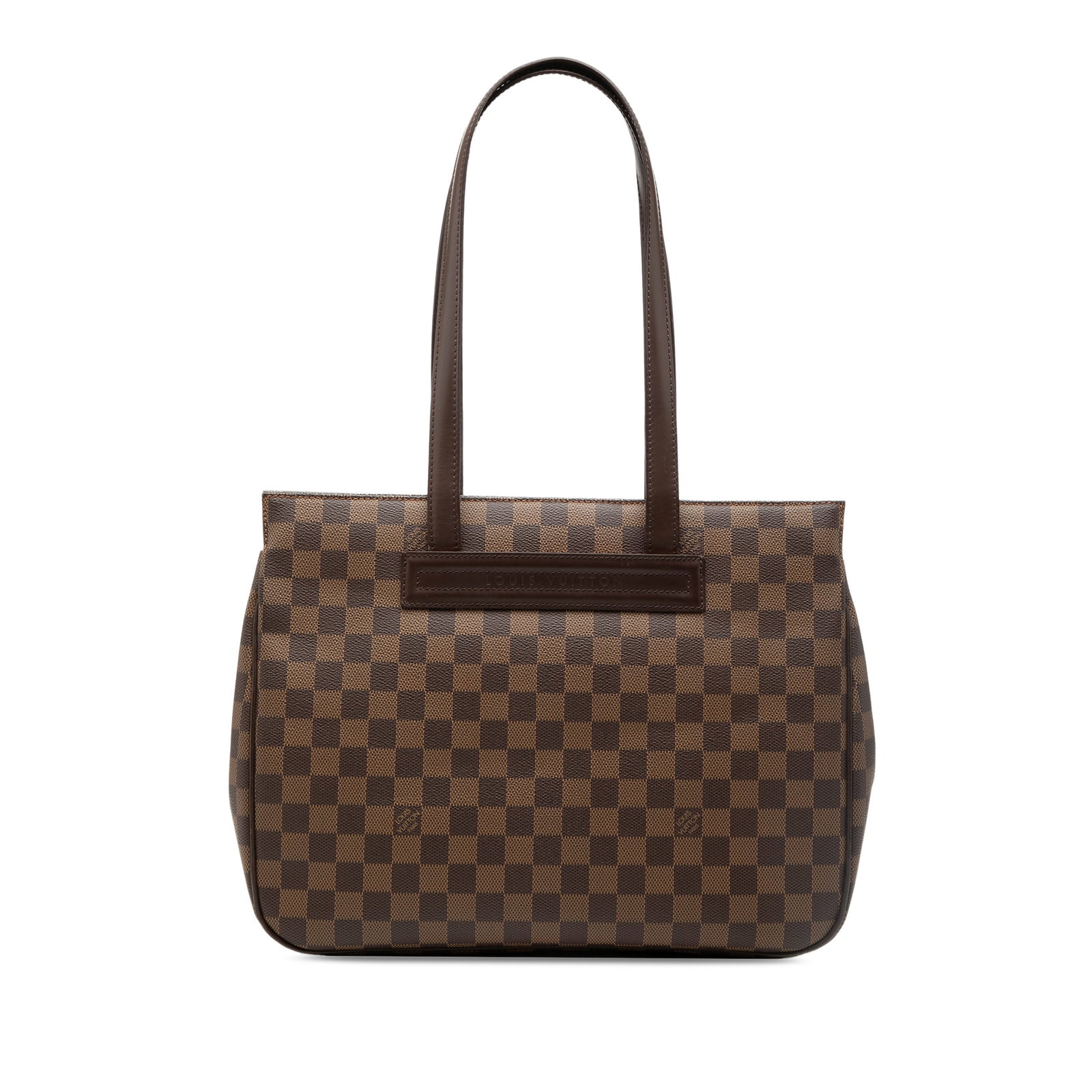 Louis Vuitton Parioli PM Damier Ebene Tote Bag: Louis Vuitton Parioli PM Damier Ebene Tote Bag This Louis Vuitton Damier Ebene Parioli PM features the iconic damier ebene canvas with flat leather straps and an open top design. The interior offers c
