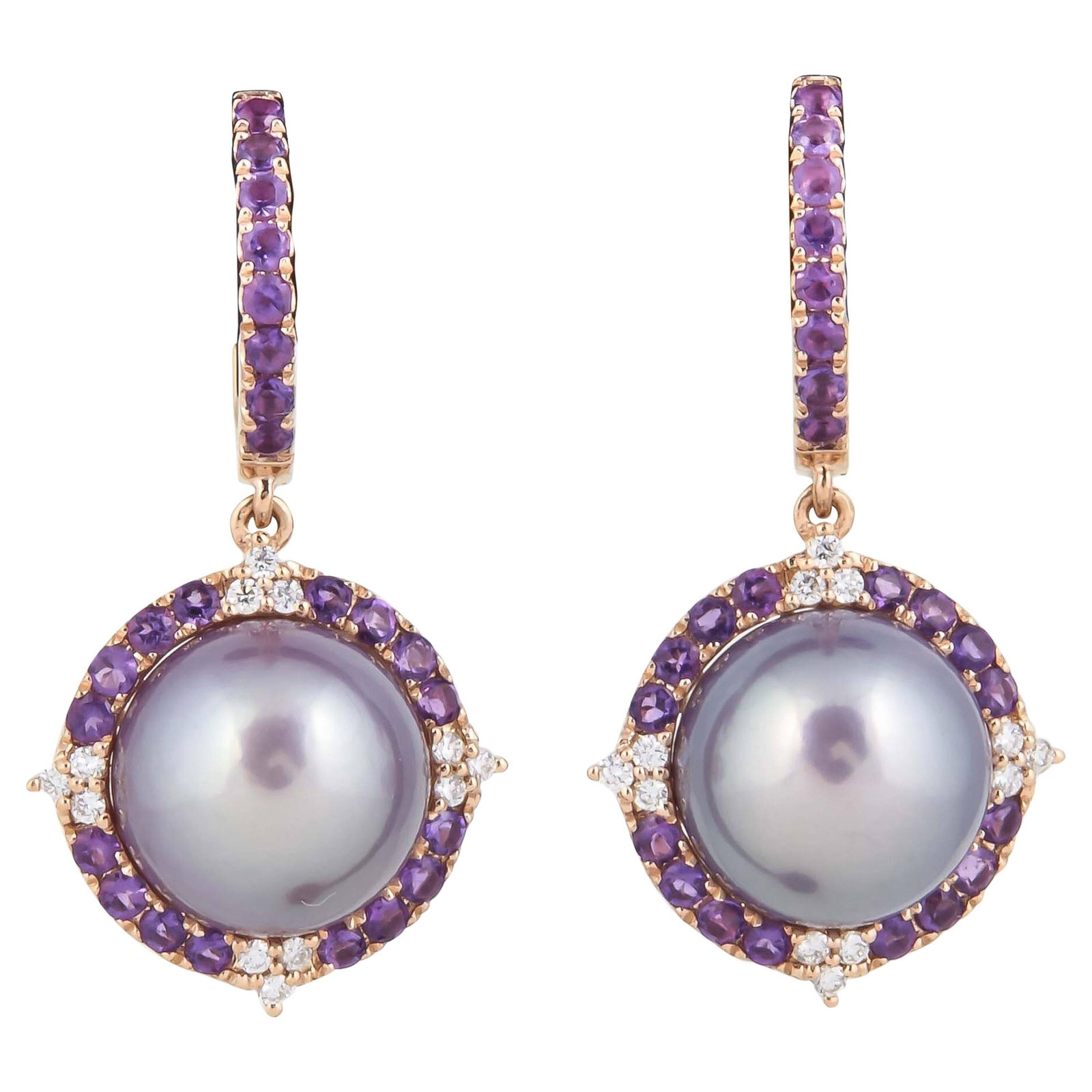 18K Rose Gold Amethyst Diamond Freshwater Pearl Dangle Earrings: 18K Rose Gold Amethyst Diamond Freshwater Pearl Dangle Earrings These exquisite earrings feature a stunning combination of amethyst and freshwater pearls, elegantly set in 18k rose gold. The earrings 