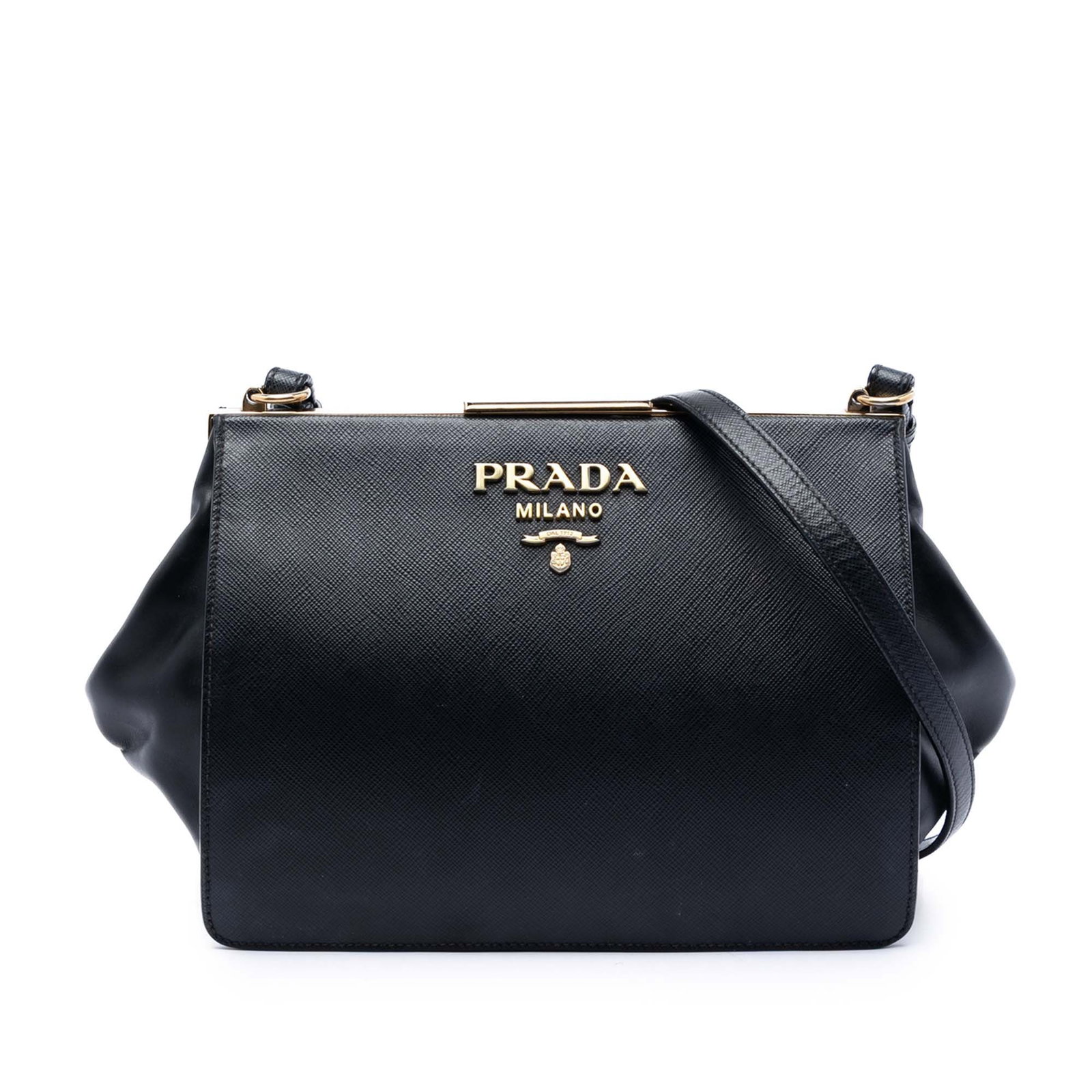 Prada Light Frame Crossbody in Black Saffiano and Calf Leather: Prada Light Frame Crossbody in Black Saffiano and Calf Leather Prada Saffiano and City Calf Light Frame Crossbody in black leather with an adjustable flat leather strap, a top metal frame with clasp c